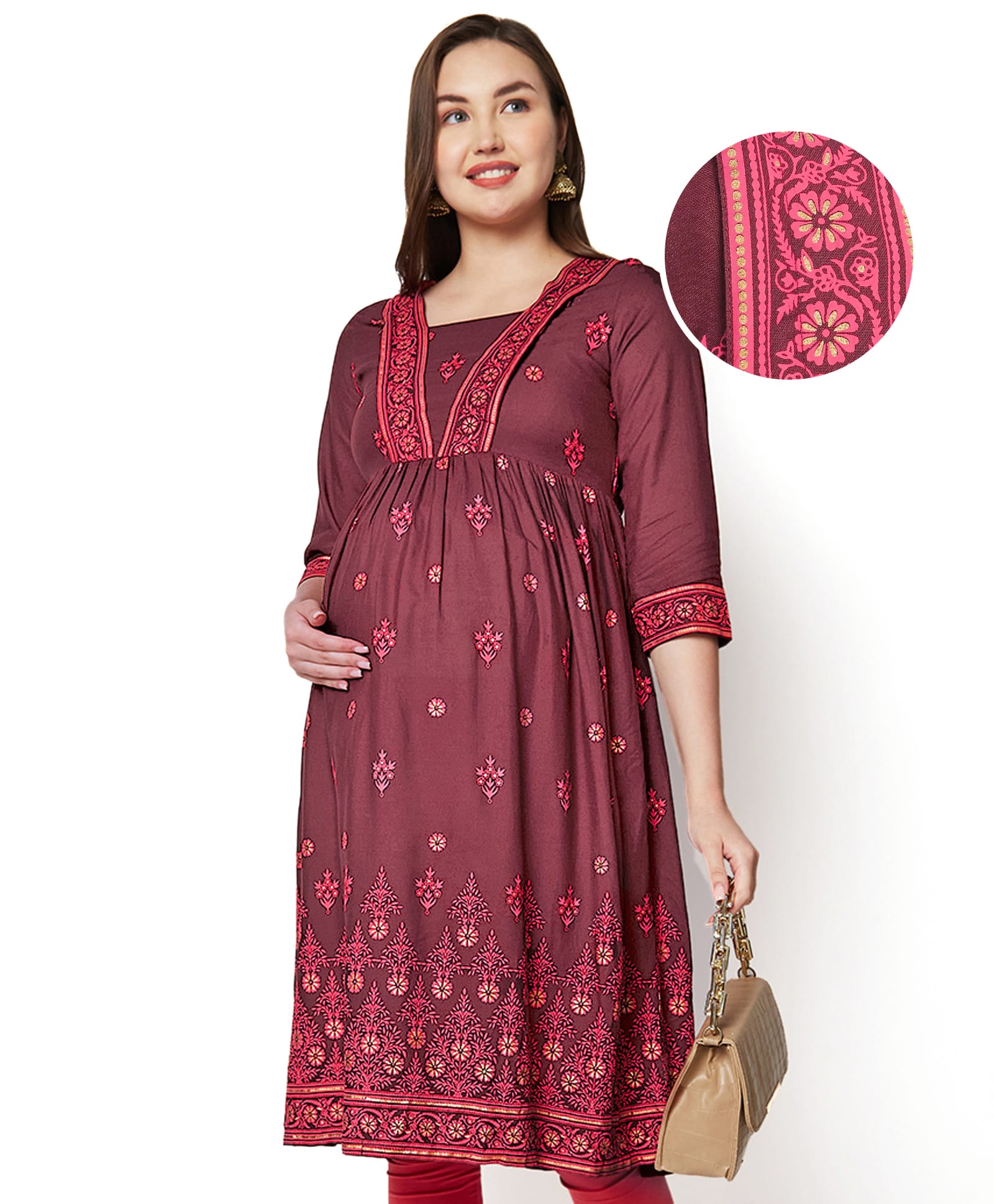 Bella Mama Three Fourth Sleeves Maternity Kurta with Pockets & Floral Print - Maroon-image-3