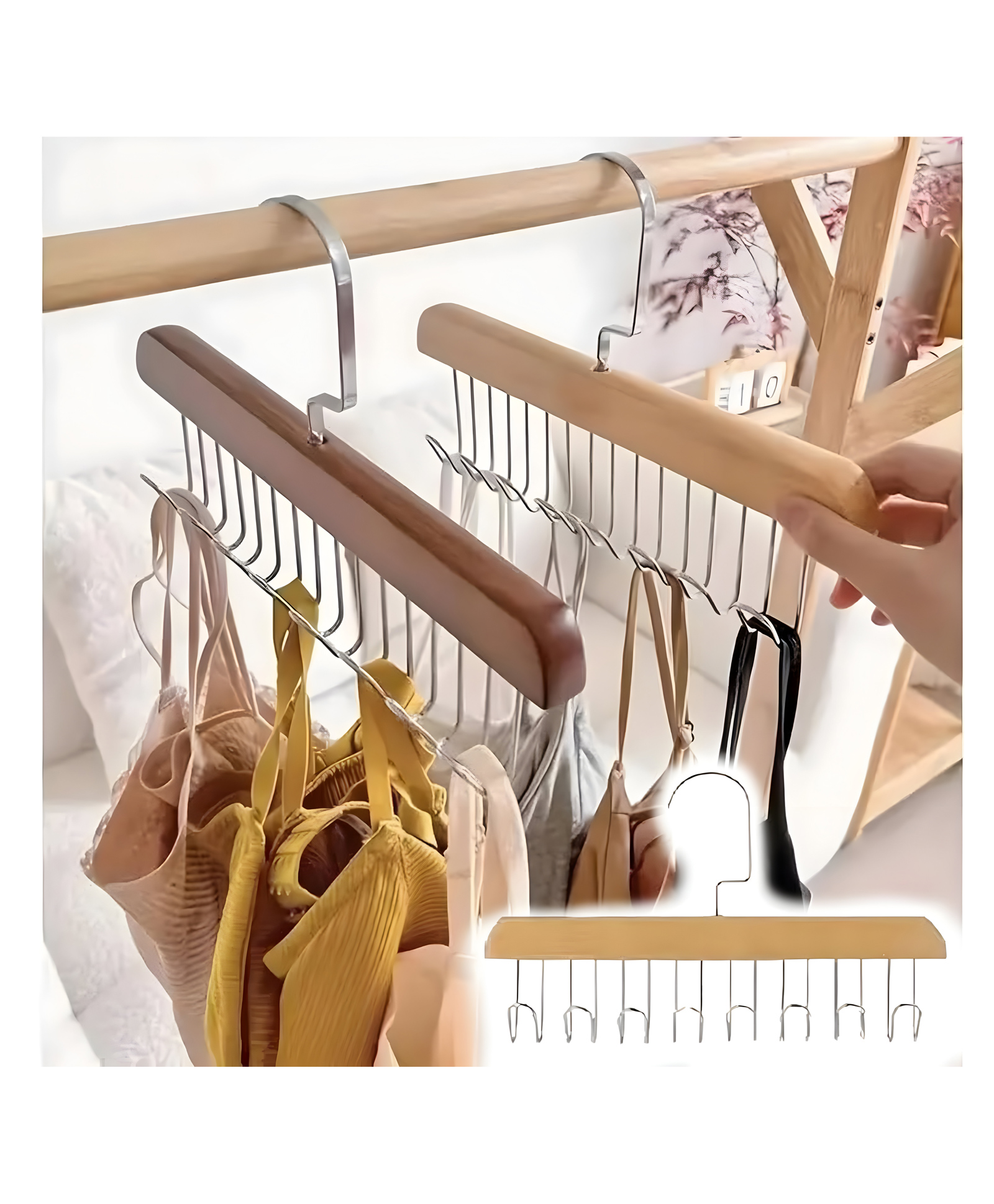 COZY VIBES8 Hook Wooden Hangers,Wooden Belt Hanger for Closet,Multi Hook Cloth Hanger,Tank Top Bra Hanger,Closet Accessories Organizer Hooks for Belts-PACK OF 1-COLOR MAY VARY-image-19