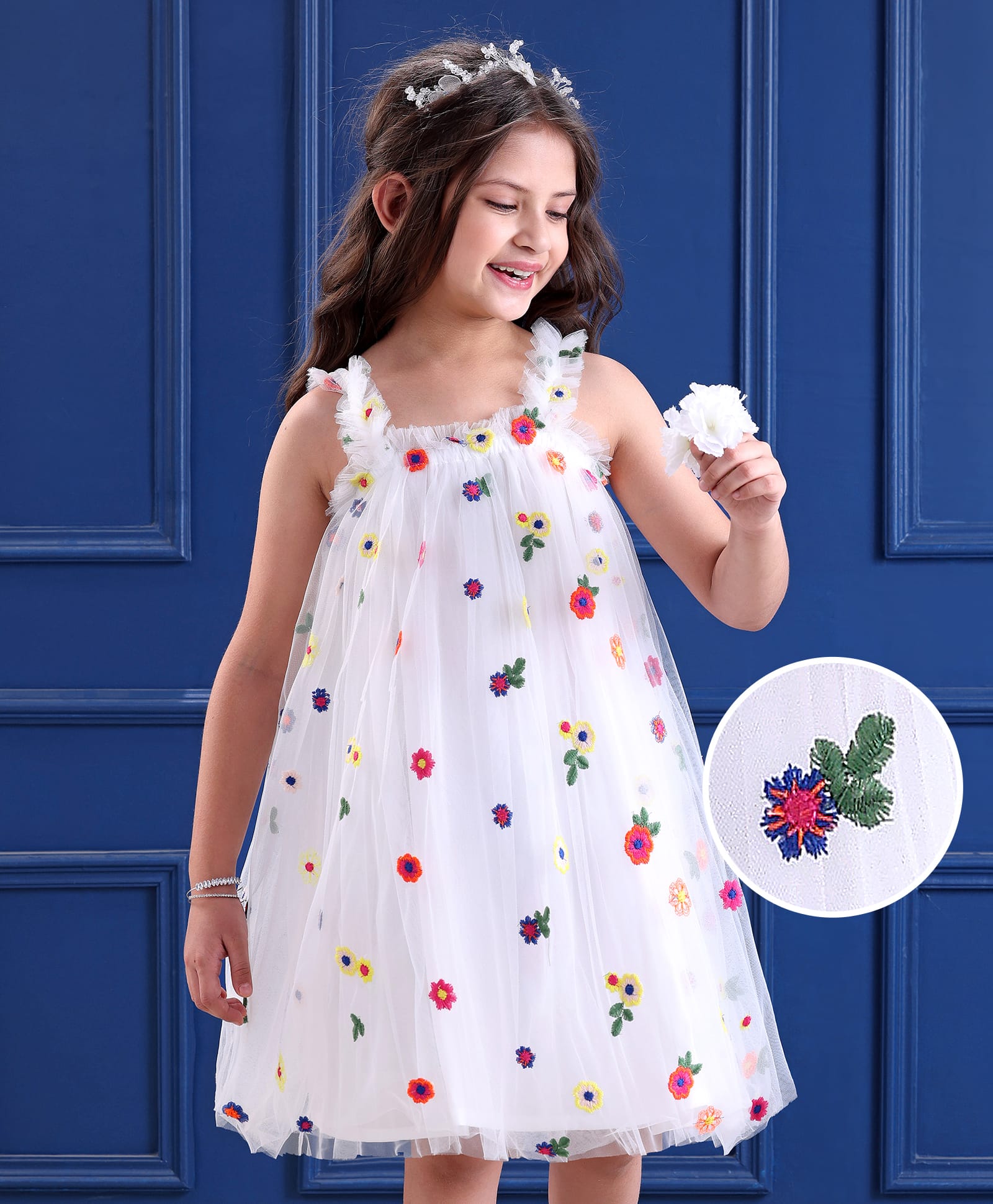 Mark & Mia Sleeveless Party Frock with Floral Embroidery & Frill Detailing - White-image-15