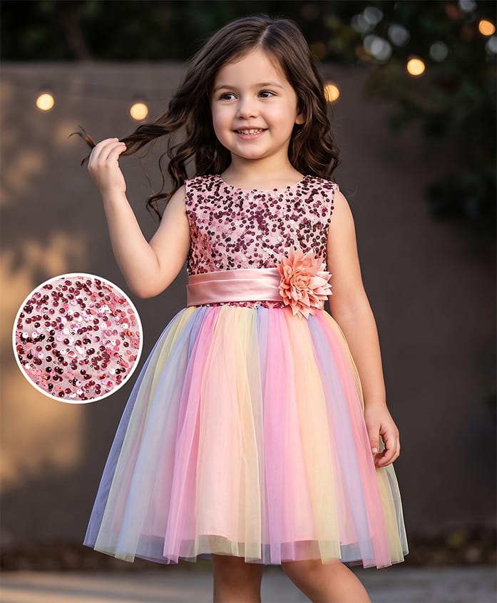 Mark & Mia Woven Sleeveless Party Dress with Sequin Detailing & Floral Applique - Pink-image-27