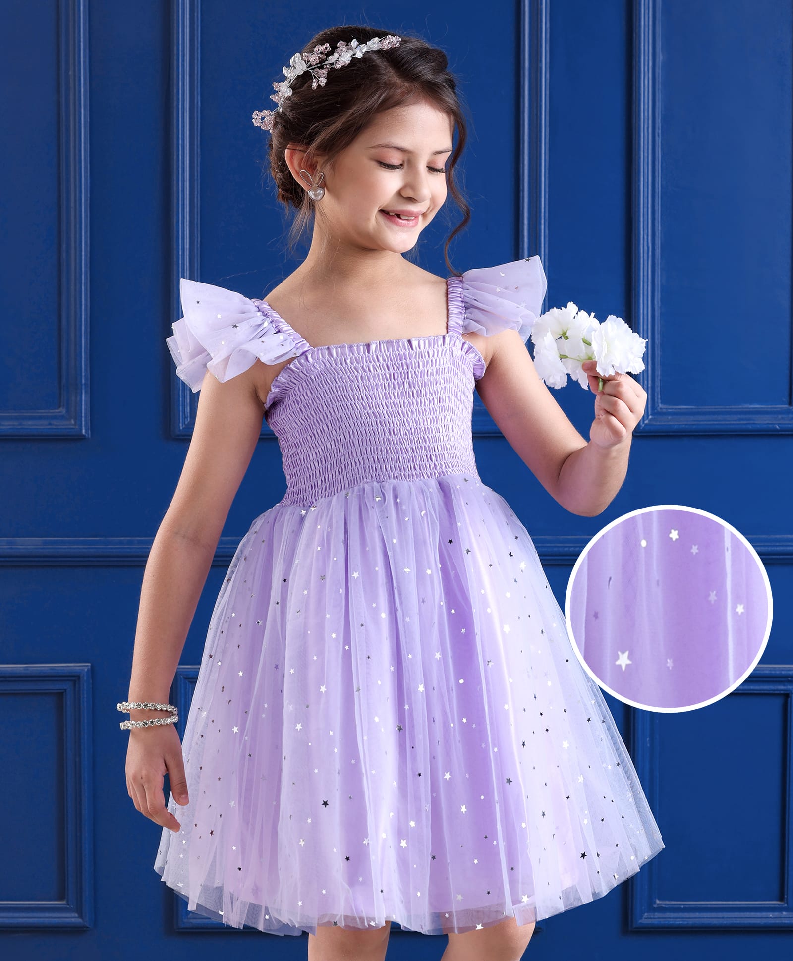 Mark & Mia Net Woven Sleeveless Party Gown With Glitter Print & Smocked Yoke - Lilac-picture-15