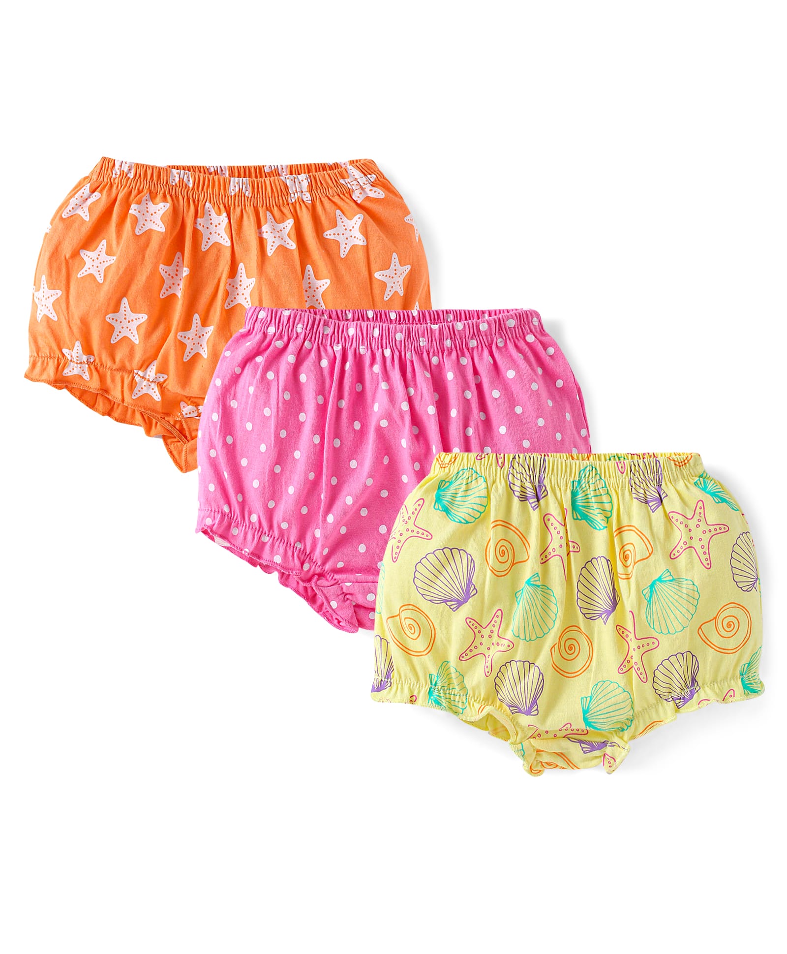Babyhug 100% Cotton Knit Antibacterial Bloomers Star & Polka Dots Print Pack of 3 - Orange Pink & Yellow-image-16