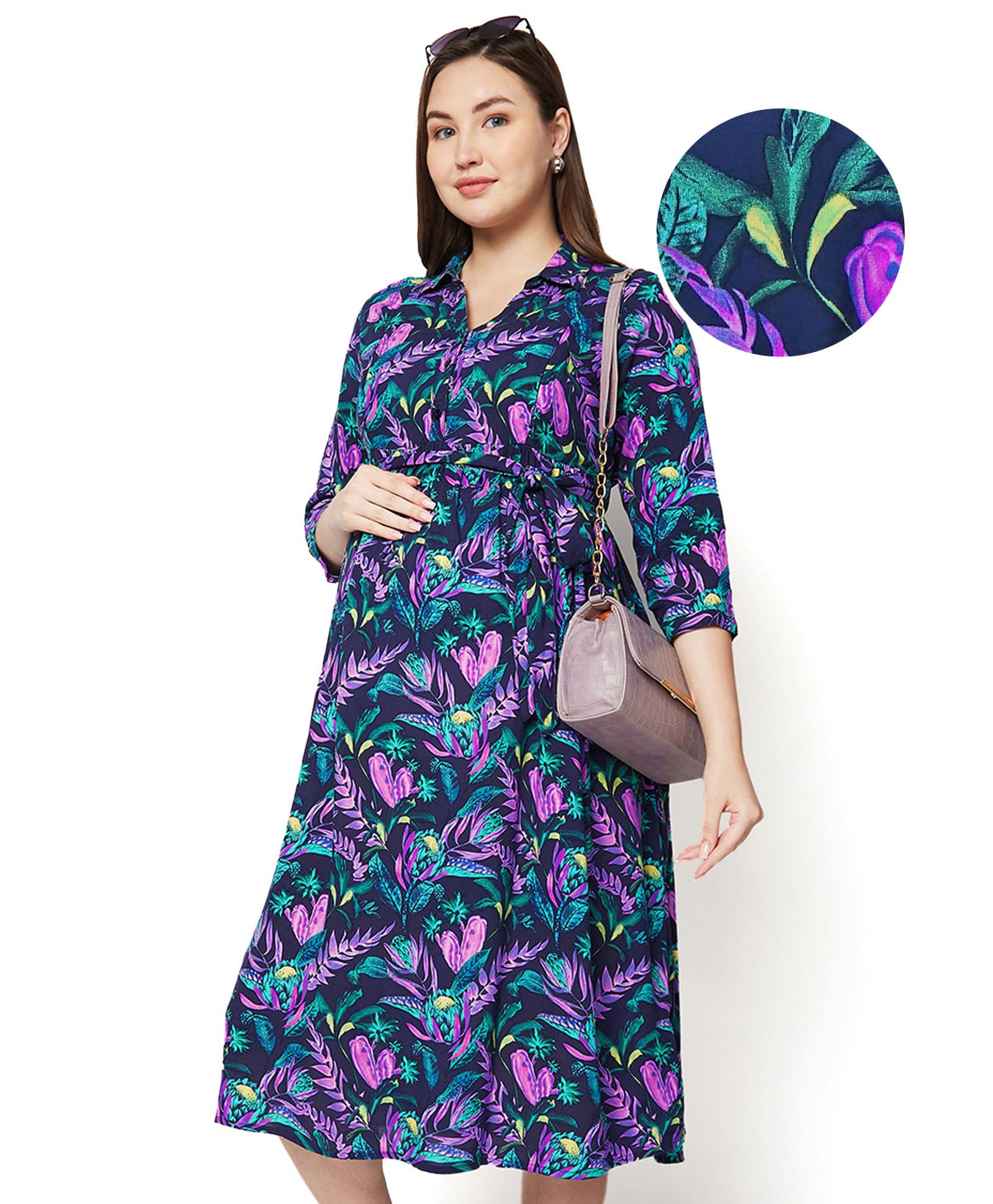 Bella Mama Woven Three Fourth Sleeves Floral Printed Maternity Dress with Fabric Belt - Navy Blue-image-1