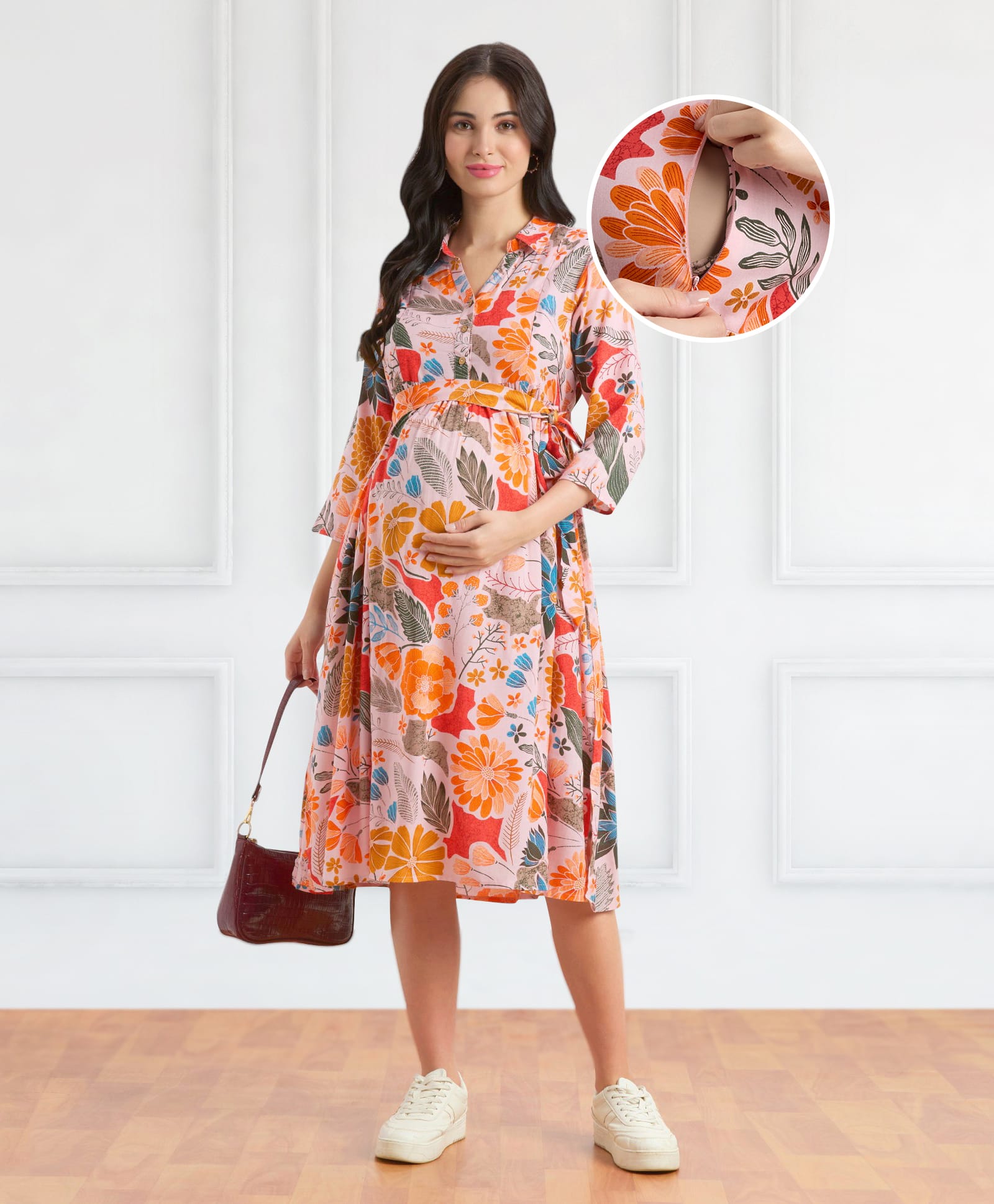 Bella Mama WovenThree Fourth Sleeves Shirt Maternity DressWith Floral Print - Multicolor-image-3