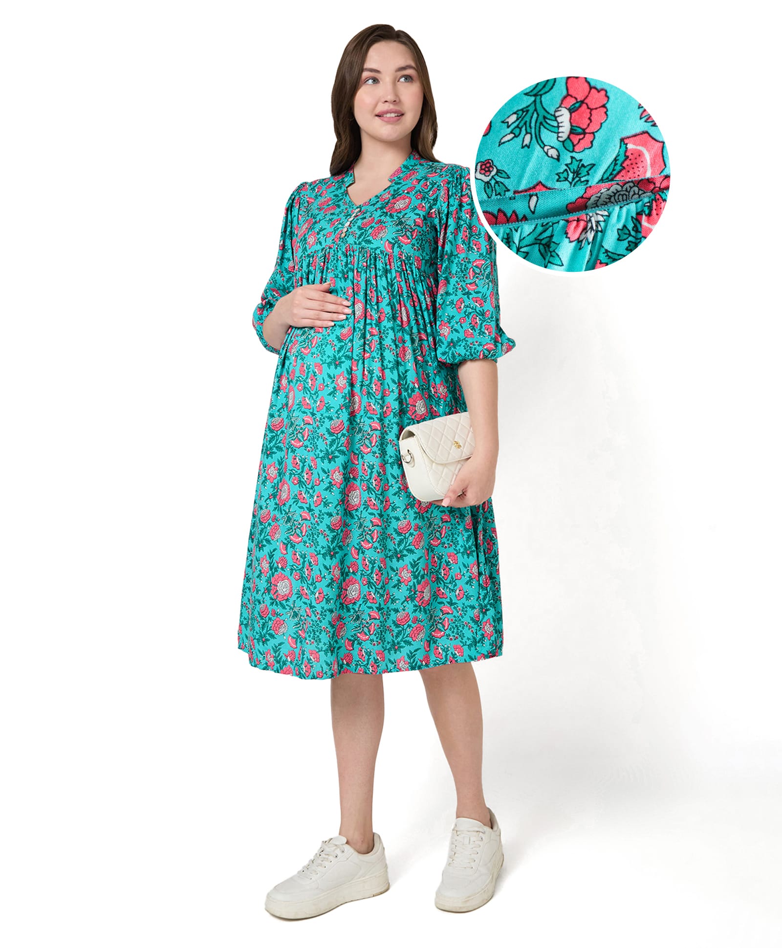 Bella Mama Woven Three Fourth Sleeves Pleated Front Floral Printed Maternity Dress - Teal Blue