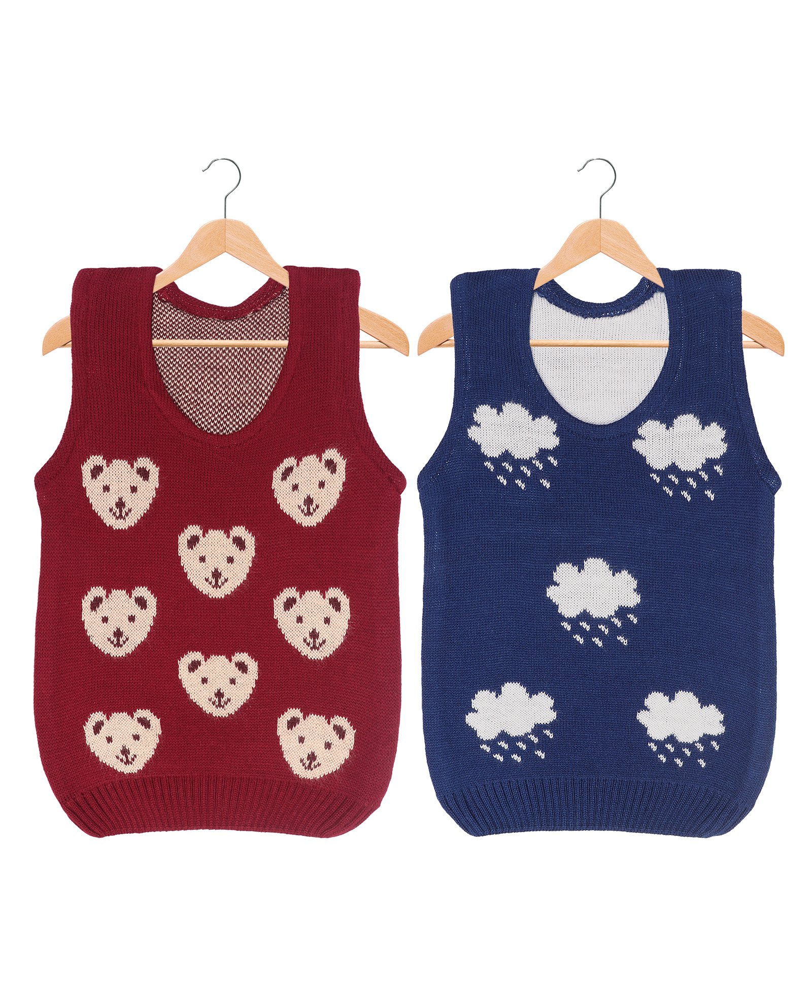 KNITCO Pack Of 2 Sleeveless Teddy Bear & Clouds Designed Sweater Vests - Maroon & Navy