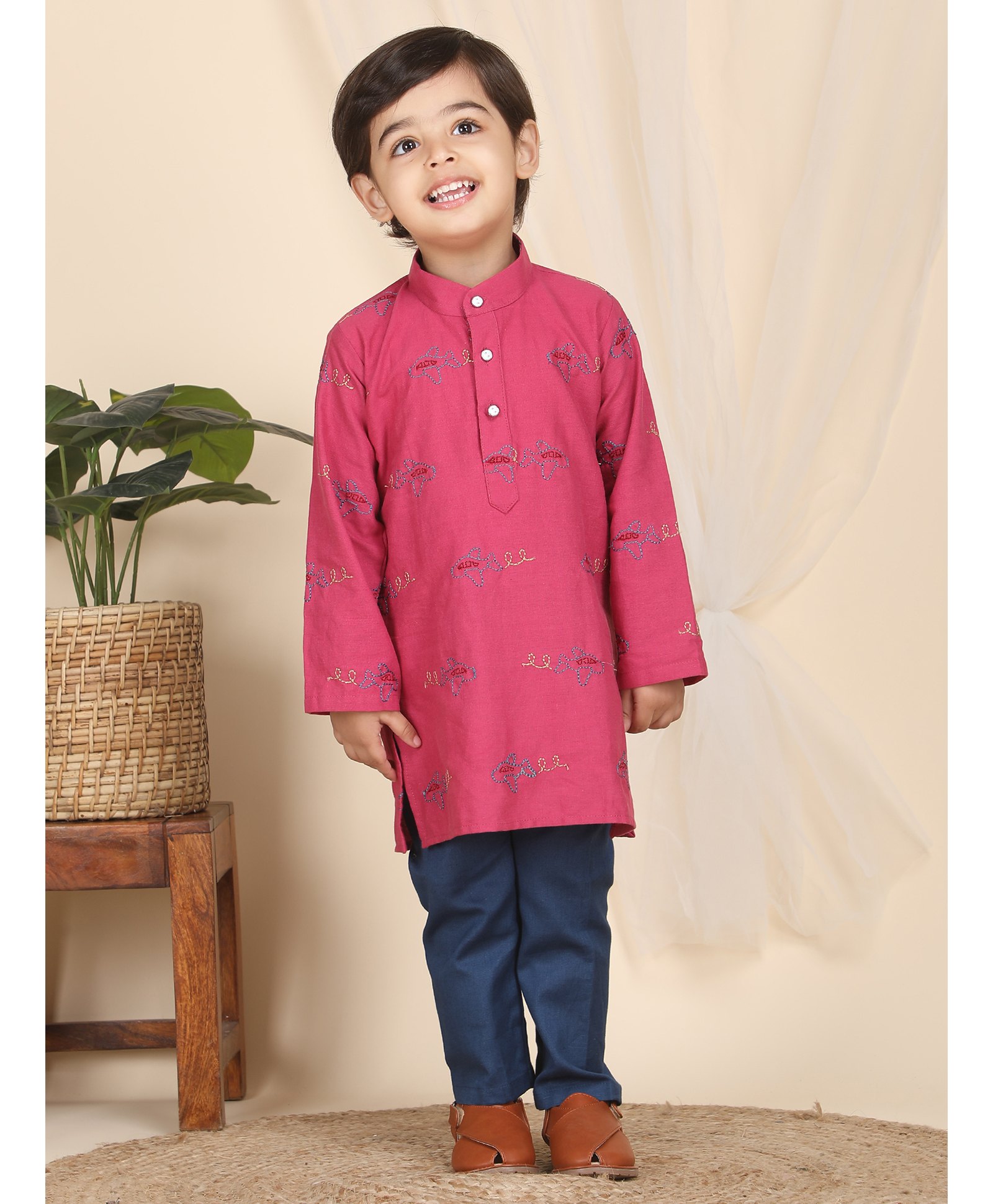 Polka Tots Cotton Full Sleeves Aeroplane Embroidered Kurta Pyjama Set - Pink-picture-22
