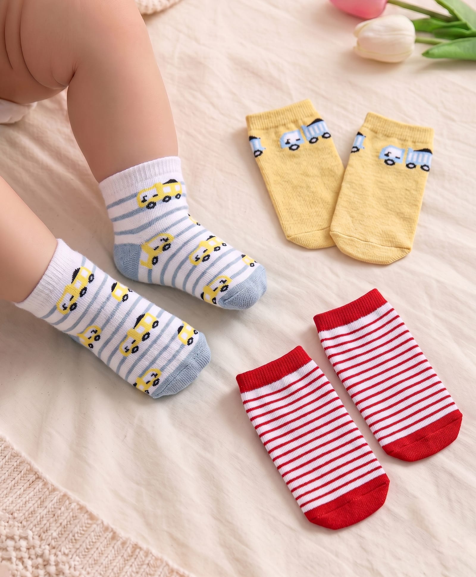 Cute Walk by Babyhug Terry Knit Ankle Length Antibacterial Socks with Vehicle Design & Stripes Pack of 3 - Red Yellow & White-image-19