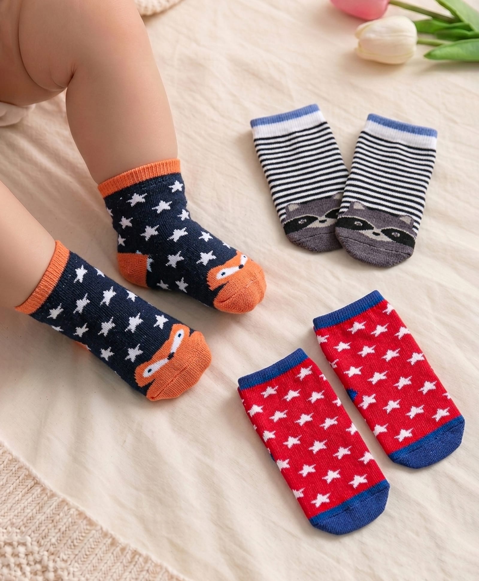 Cute Walk by Babyhug Terry Knit Ankle Length Antibacterial Striped Socks with Stars & Animal Design Pack of 3 - Navy Blue & Red-image-27