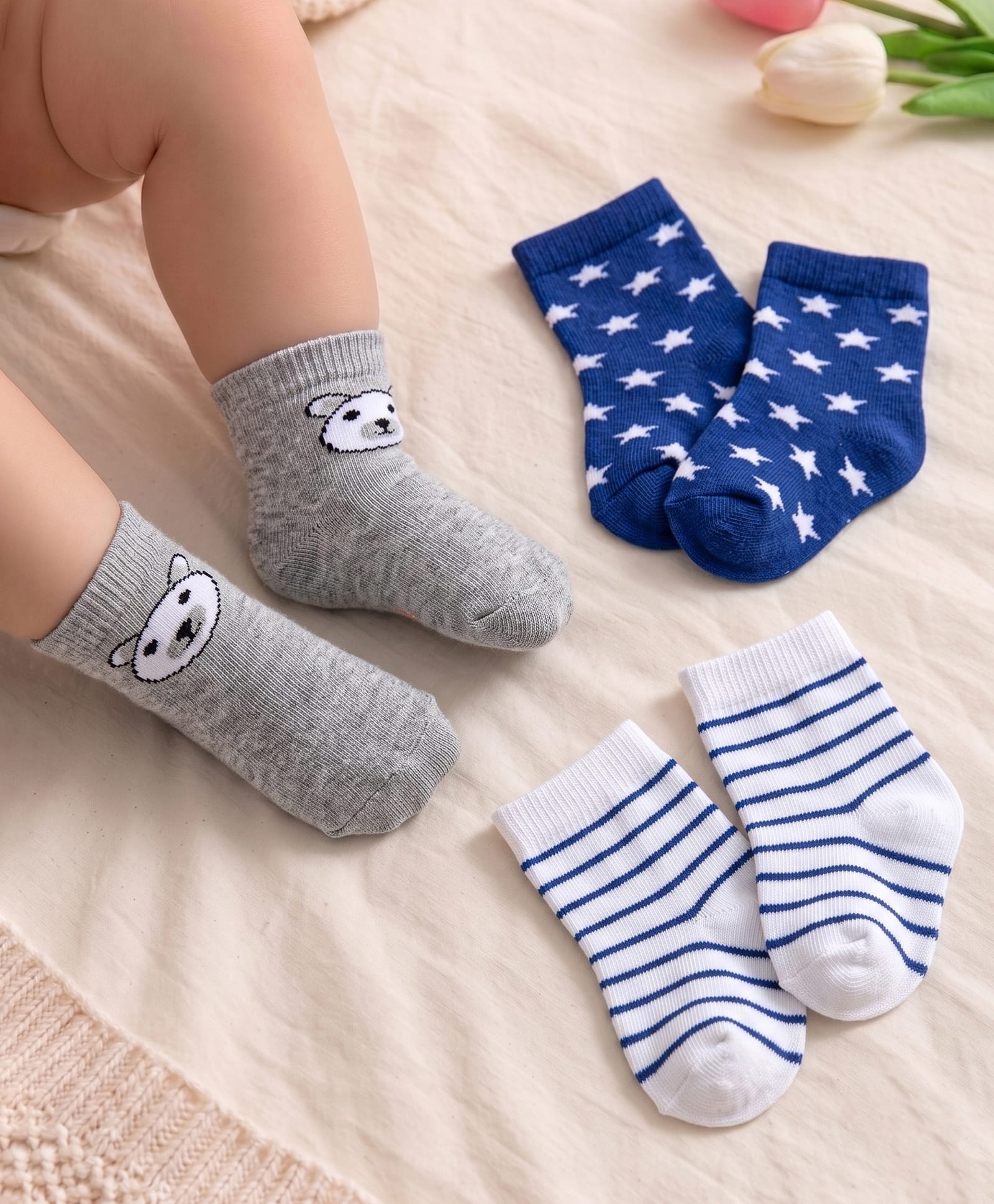 Cute Walk by Babyhug Terry Knit Ankle Length Antibacterial Striped Socks with Stars & Bear Design Pack of 3 - White Blue & Grey-image-21