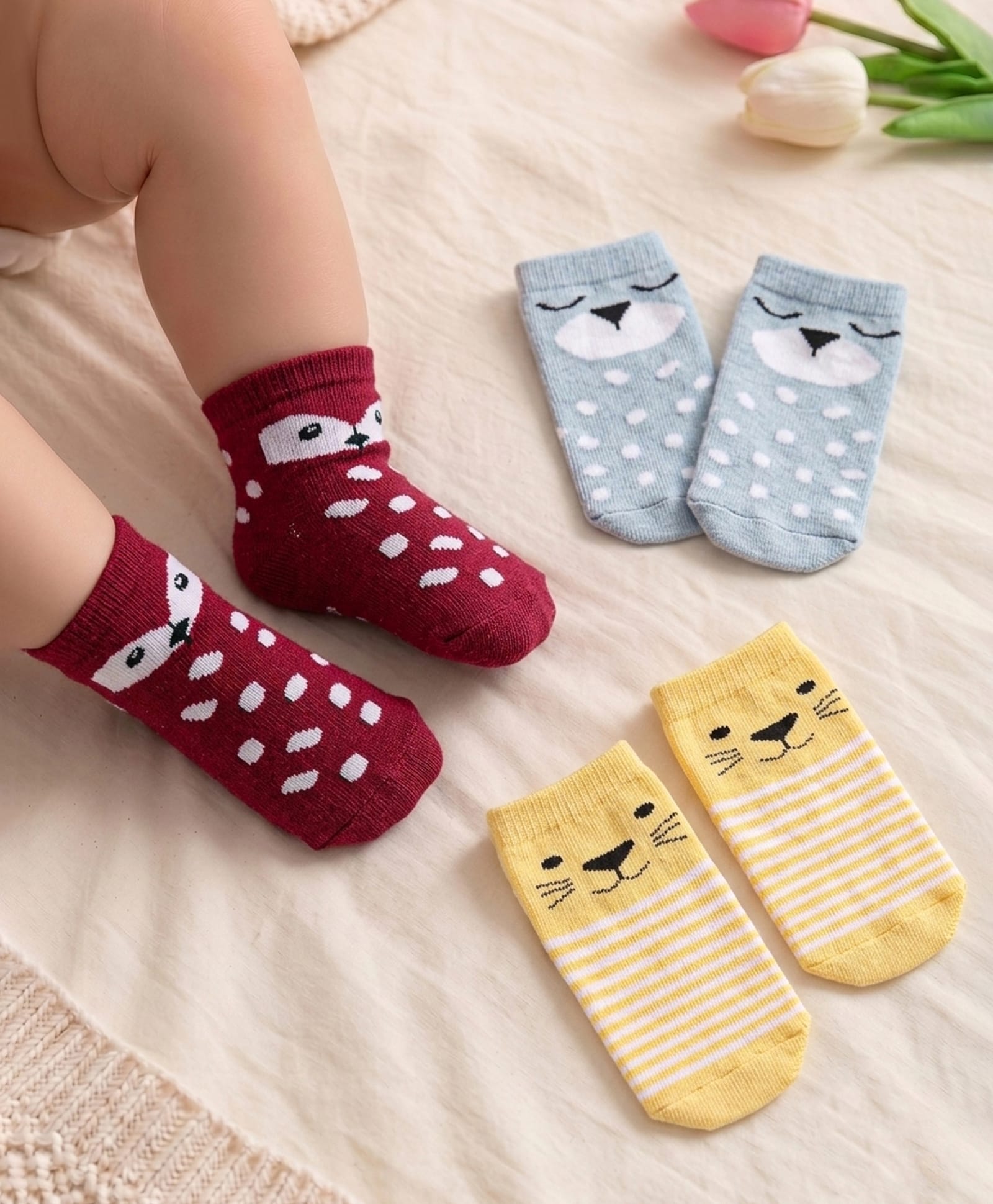 Cute Walk by Babyhug Terry Knit Ankle Length Antibacterial Striped Socks with Polka Dots & Animal Design Pack of 3 - Light Blue Yellow & Red-image-28