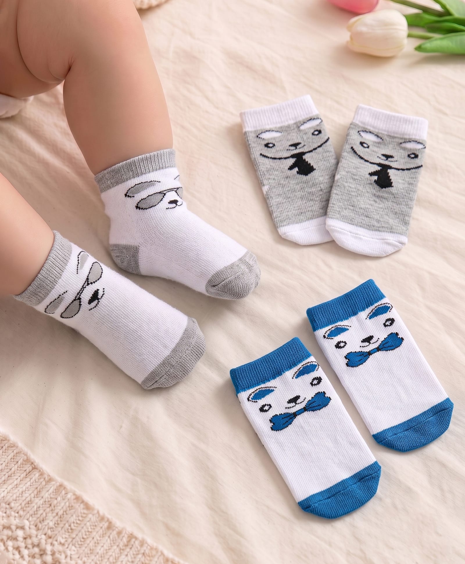 Cute Walk by Babyhug Terry Knit Ankle Length Antibacterial Socks with Animal Design Pack of 3 - Grey & White-image-37