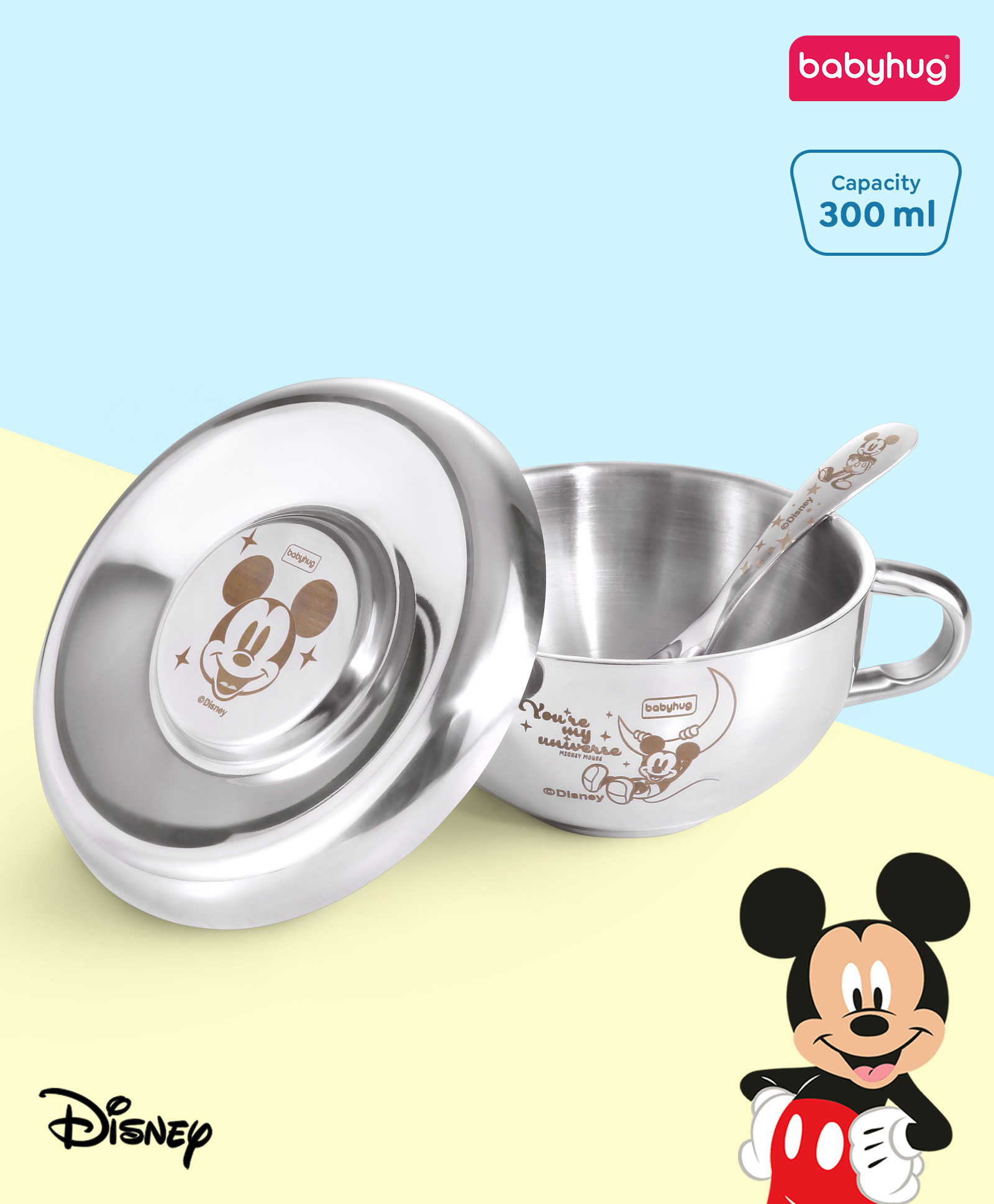 Babyhug Disney Mickey Mouse Steel Feeding Bowl with Spoon and Lid| Easy to Clean & Maintain| Encourage Self Feeding| Laser Print| Dishwasher Safe| Gifting Option Silver - 300 ml