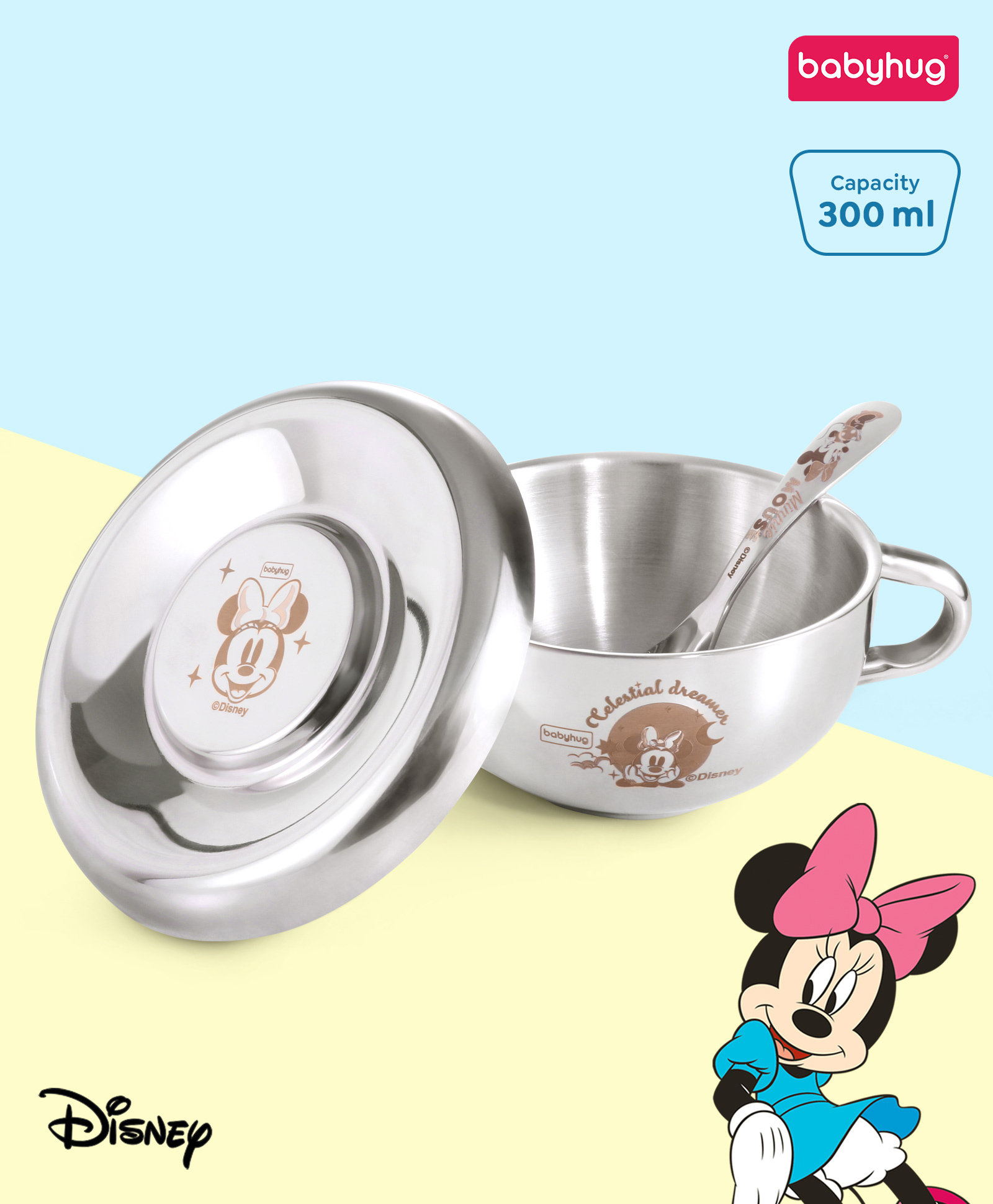 Babyhug Disney Minnie Mouse Steel Feeding Bowl with Spoon and Lid| Easy to Clean & Maintain| Encourage Self Feeding| Laser Print| Dishwasher Safe| Gifting Option Silver - 300 ml