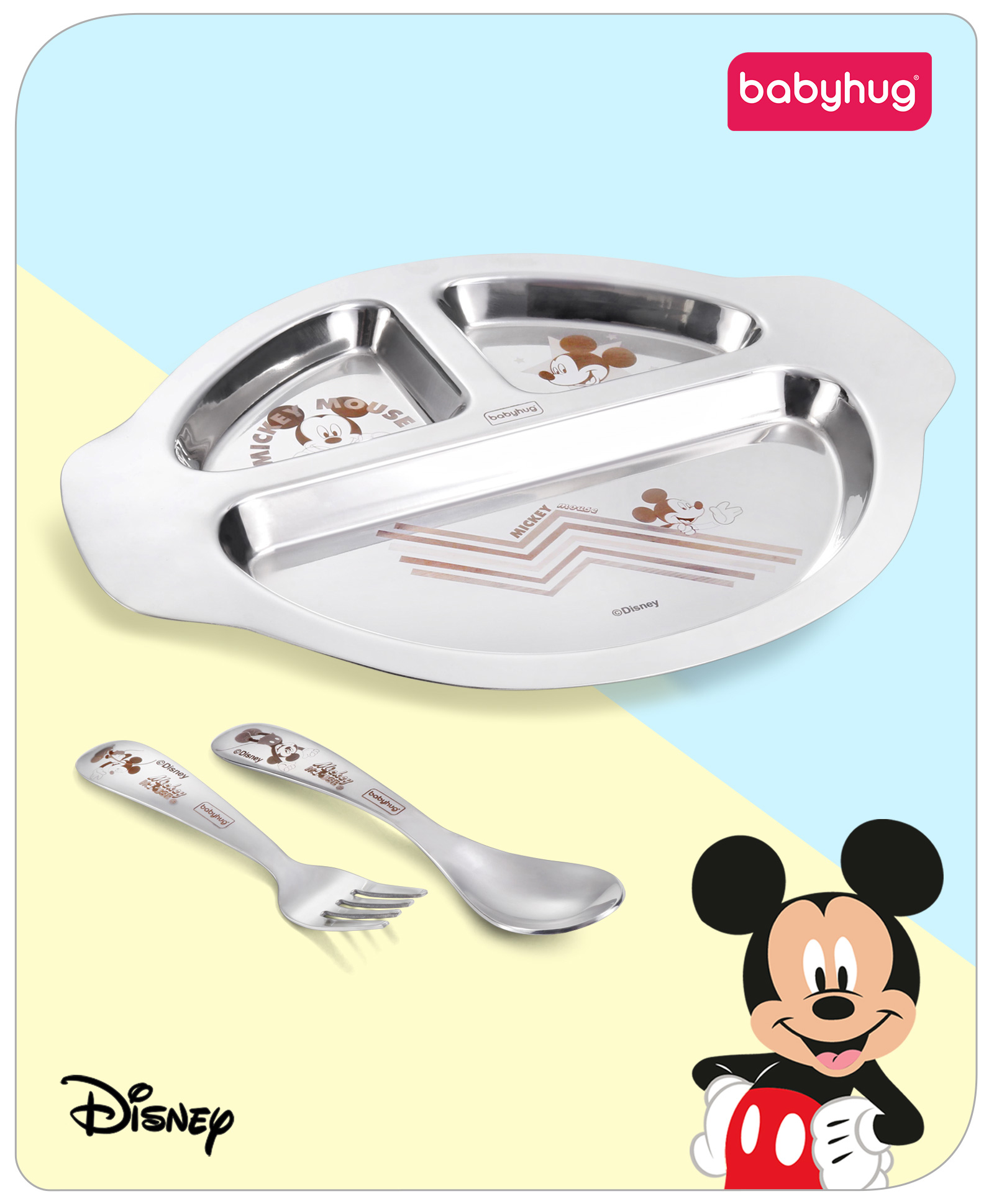 Babyhug Disney Mickey Mouse Stainless Steel 3 Section Plate with Spoon & Fork Set| Easy to Clean & Maintain| Encourage Self Feeding| Laser Print| Dishwasher Safe| Gifting Option - Silver-image-23