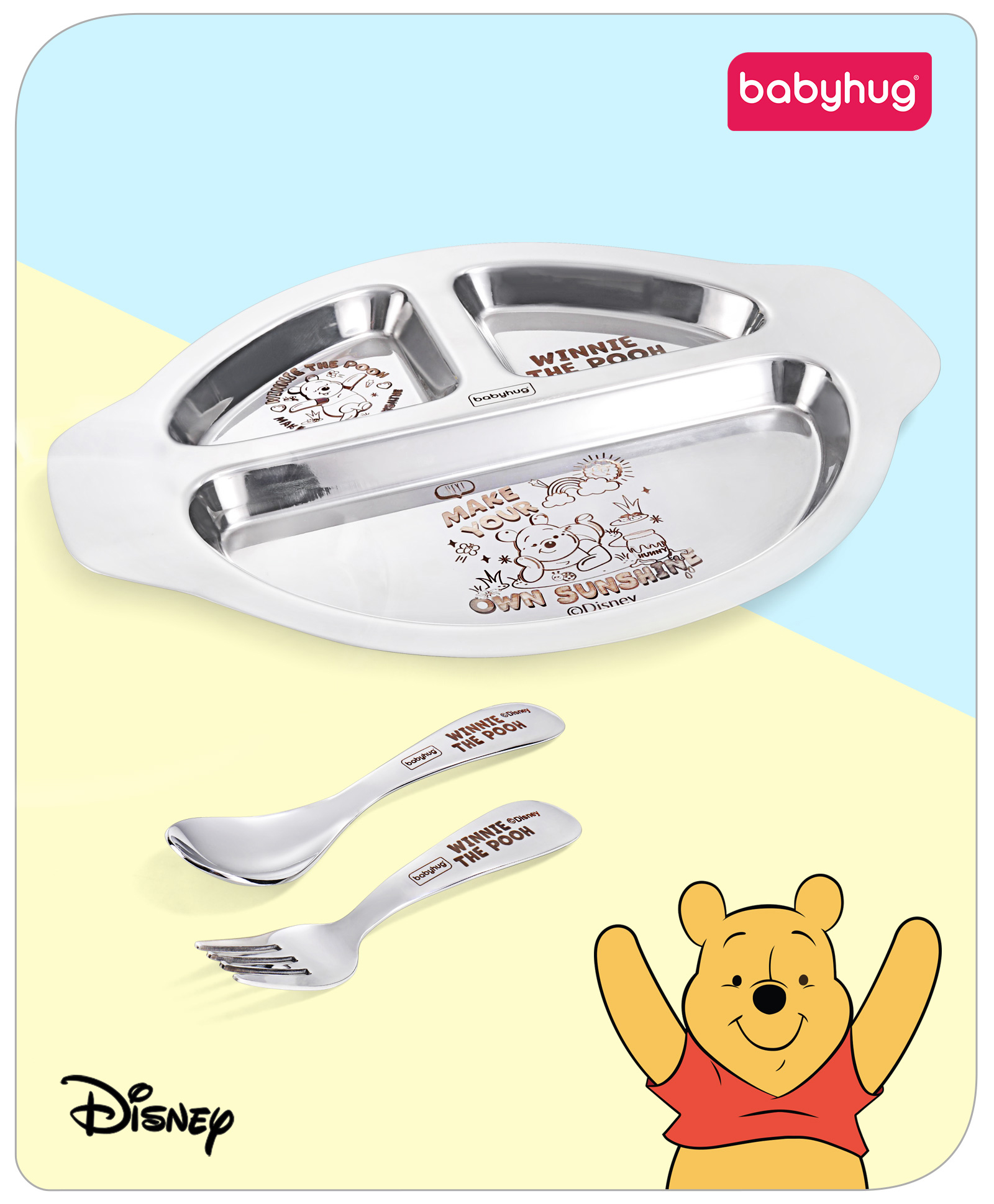Babyhug Disney Winnie The Pooh Stainless Steel Section Plate Set With Spoon & Fork| Easy to Clean & Maintain| Encourage Self Feeding| Laser Print| Dishwasher Safe| Gifting Option - Silver-image-45