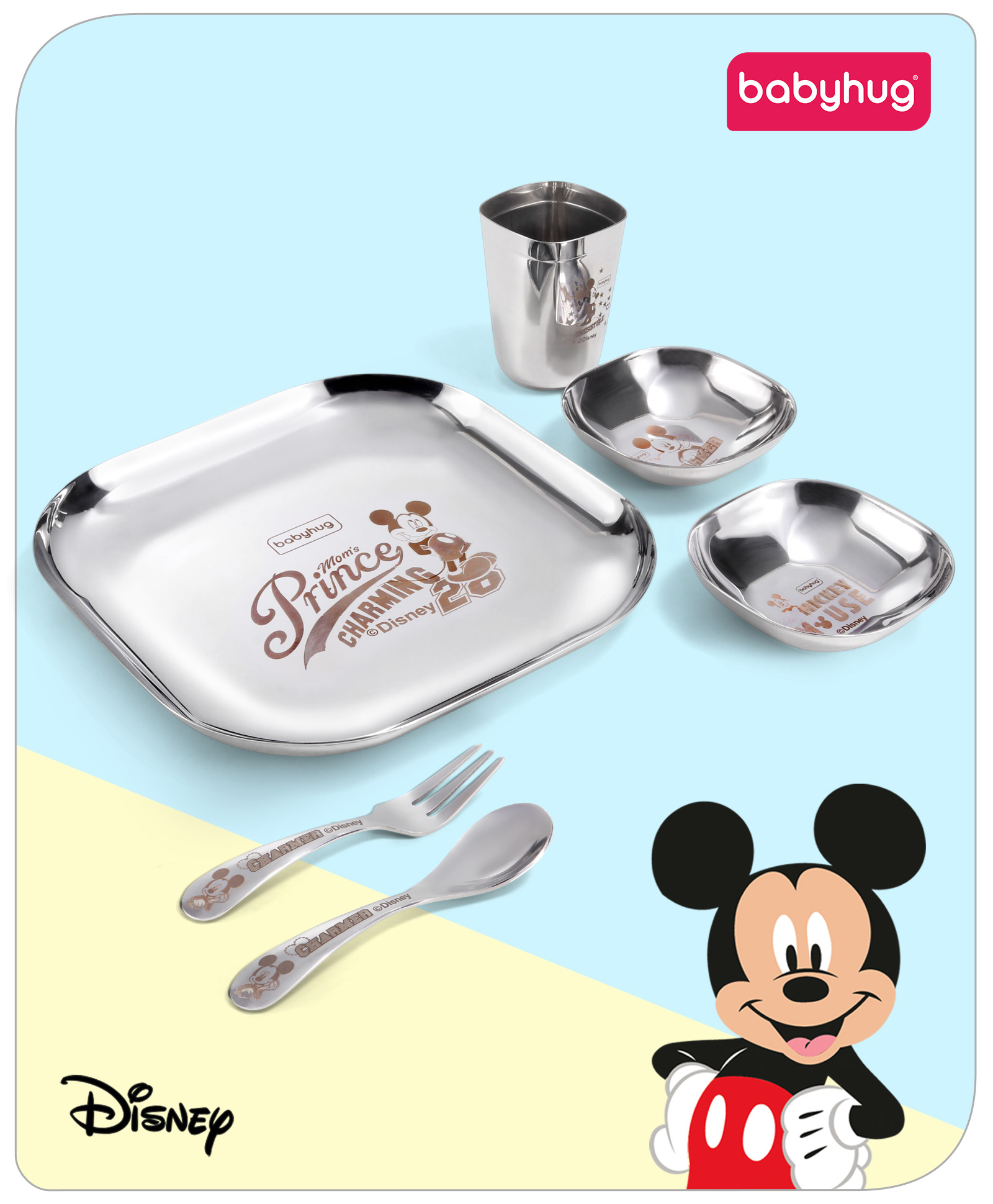 Babyhug Disney Mickey Mouse Stainless Steel Spoon & Fork Set| Easy to Clean & Maintain| Encourage Self Feeding| Laser Print| Dishwasher Safe - Silver