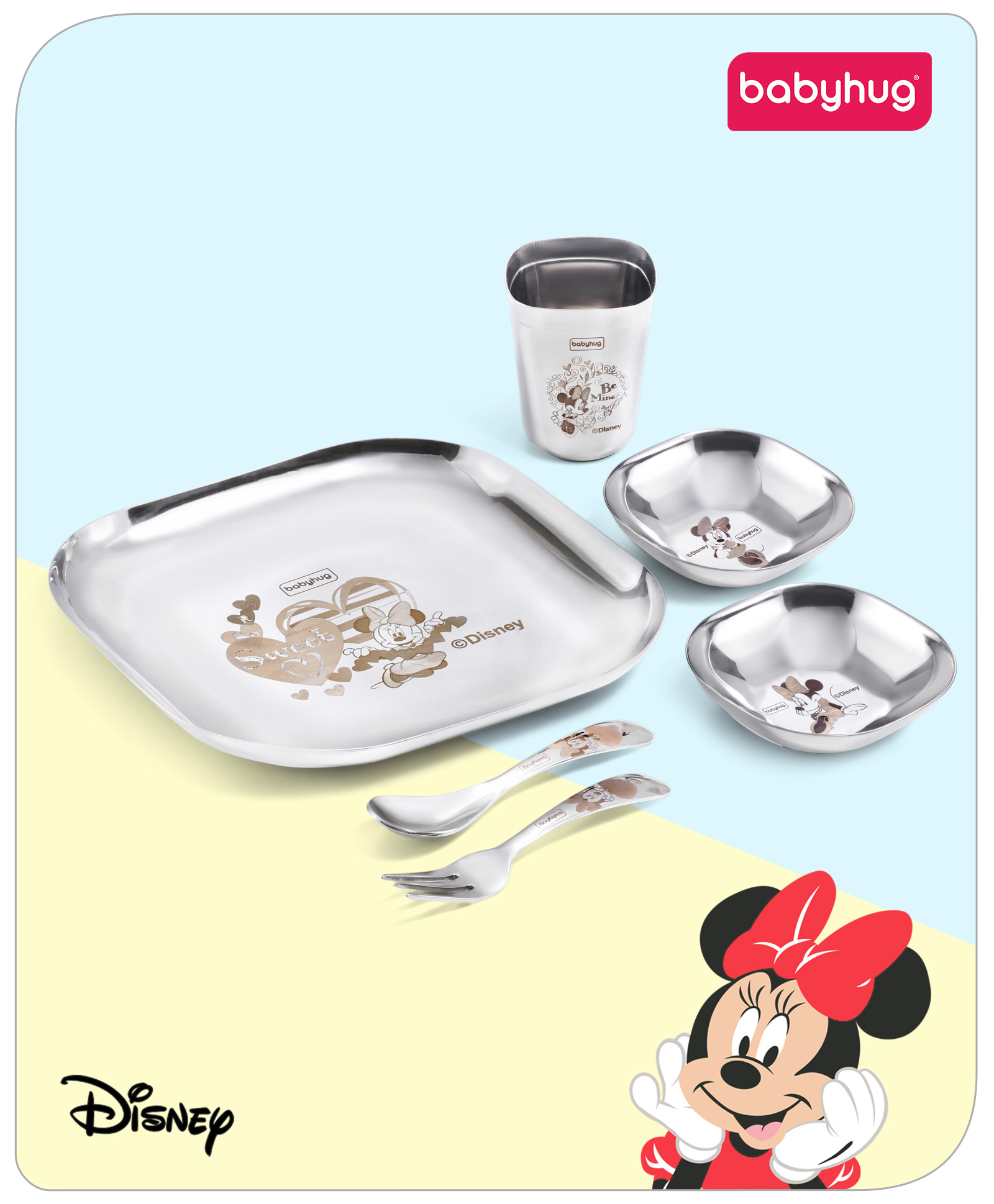 Babyhug Disney Minnie Mouse Stainless Steel Spoon & Fork Set| Easy to Clean & Maintain| Encourage Self Feeding| Laser Print| Dishwasher Safe - Silver