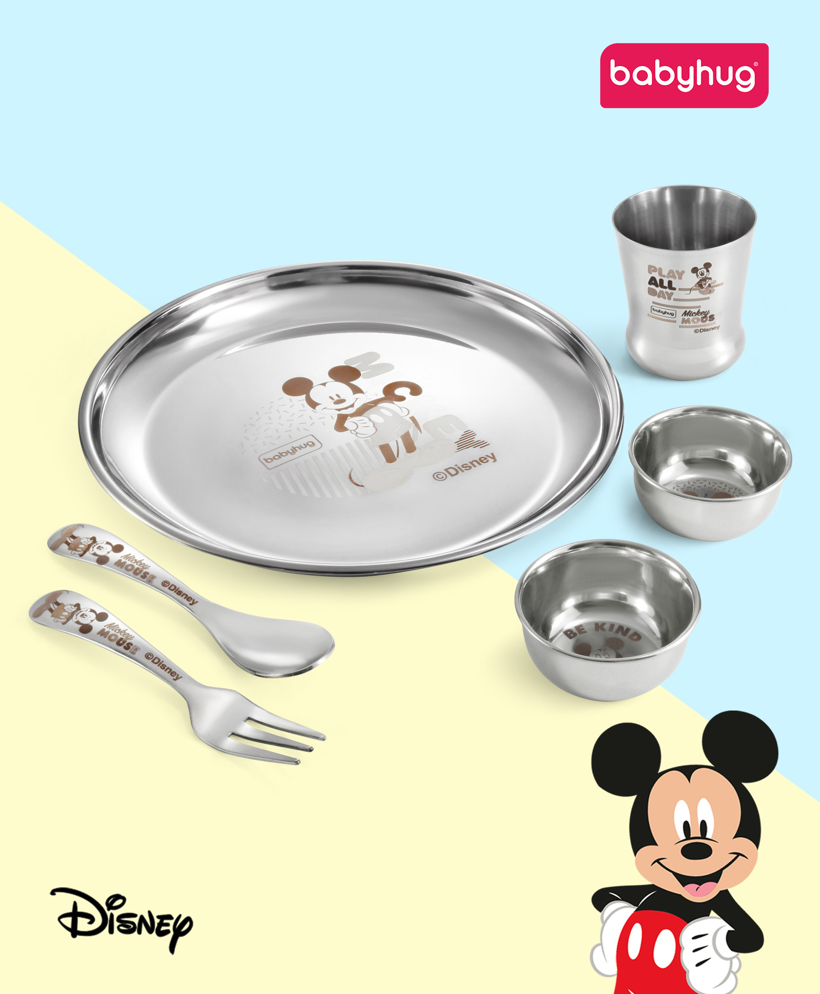 Babyhug Disney Mickey Mouse Stainless Steel Dinner Set Round - 6 Pieces| Easy to Clean & Maintain| Encourage Self Feeding| Laser Print| Dishwasher Safe| Gifting Option - Silver
