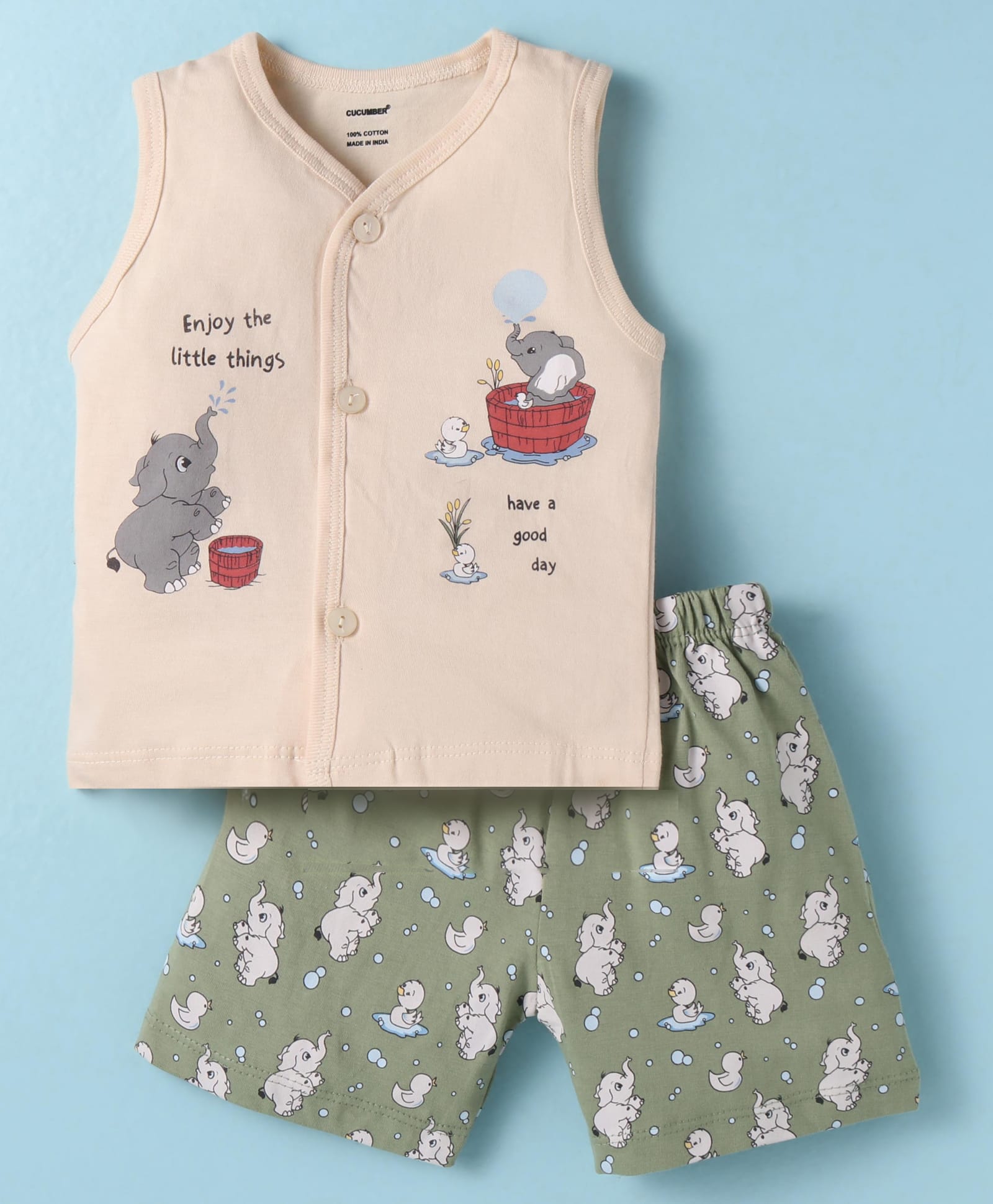 CUCUMBER Sinker Knit Sleeveless Night Suit With Animal Print - Ivory-image-20