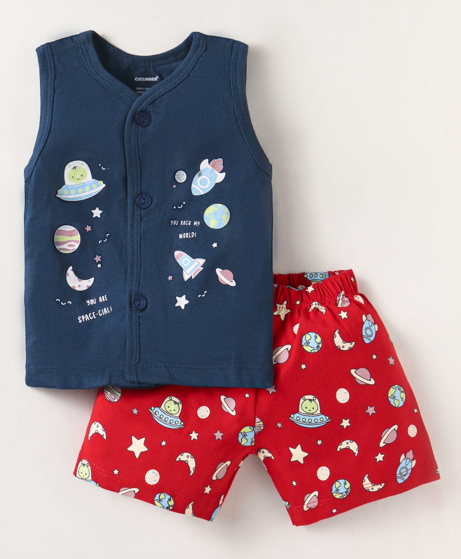 CUCUMBER Sinker Knit Sleeveless Night Suit With Space Theme Print - Navy Blue & Red-image-12