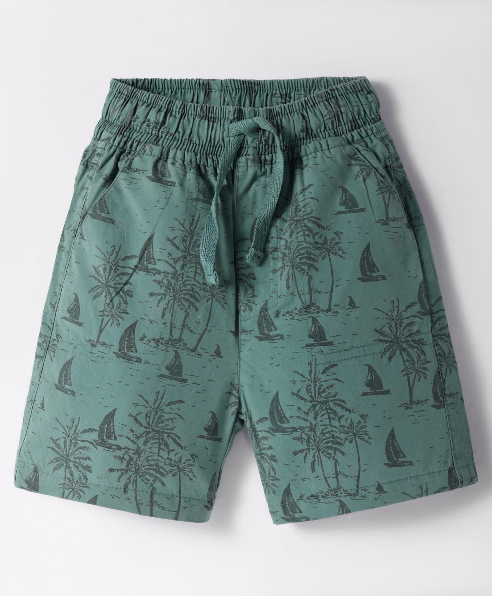 CUCUMBER Cotton Woven Above Knee Length Shorts with Tree Prints - Dark Green-image-43