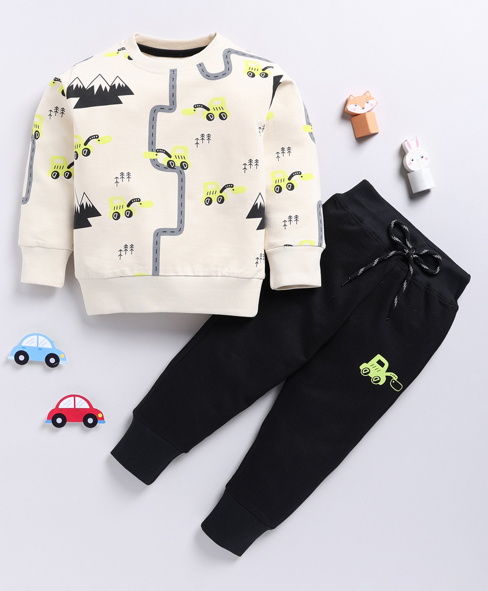 TOONYPORT Cotton Full Sleeves Excavator Printed Sweatshirt & Joggers Set - Cream-image-21
