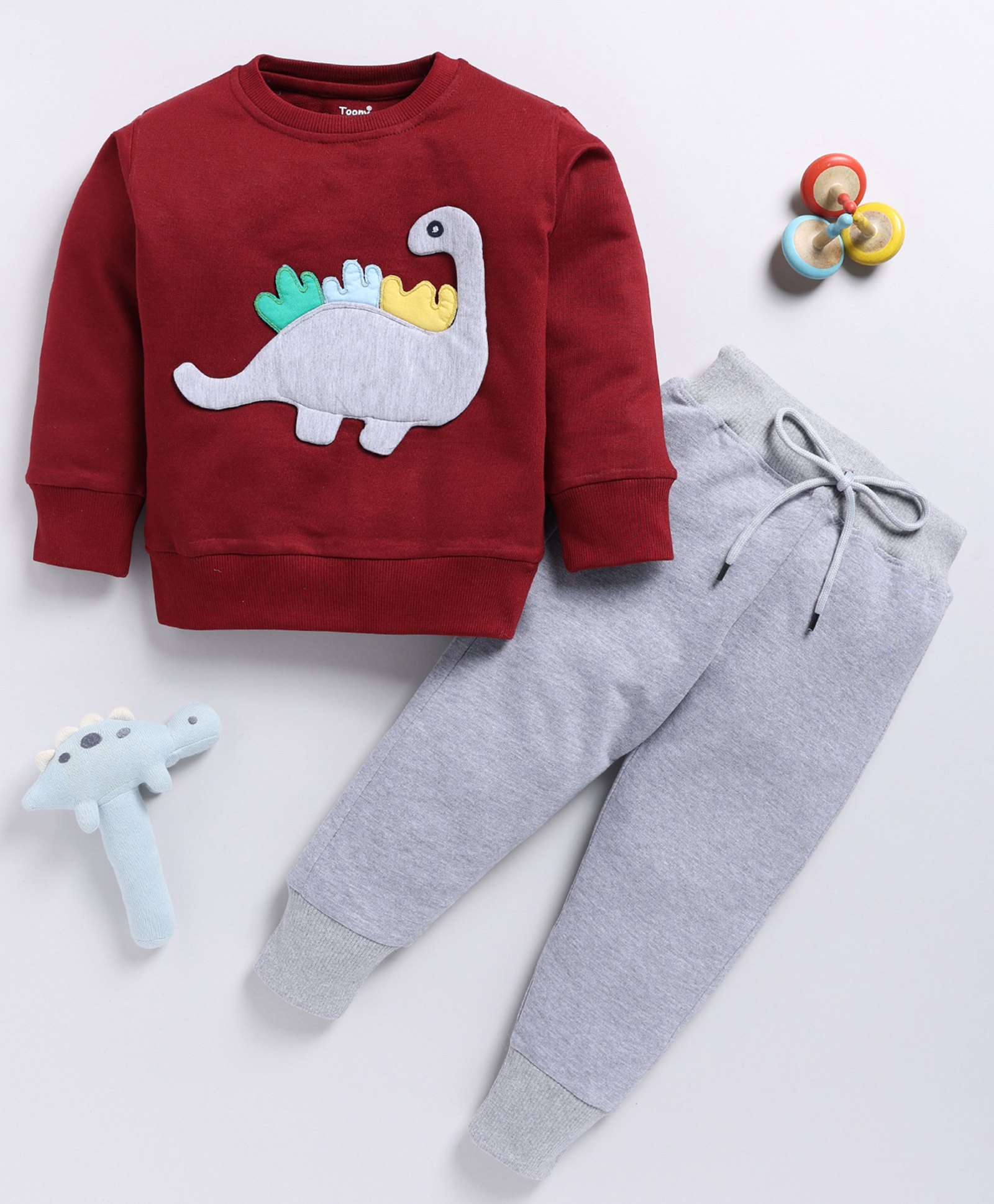 TOONYPORT Cotton Full Sleeves Dinosaur Embroidered Sweatshirt With Solid Joggers Set - Maroon-image-23