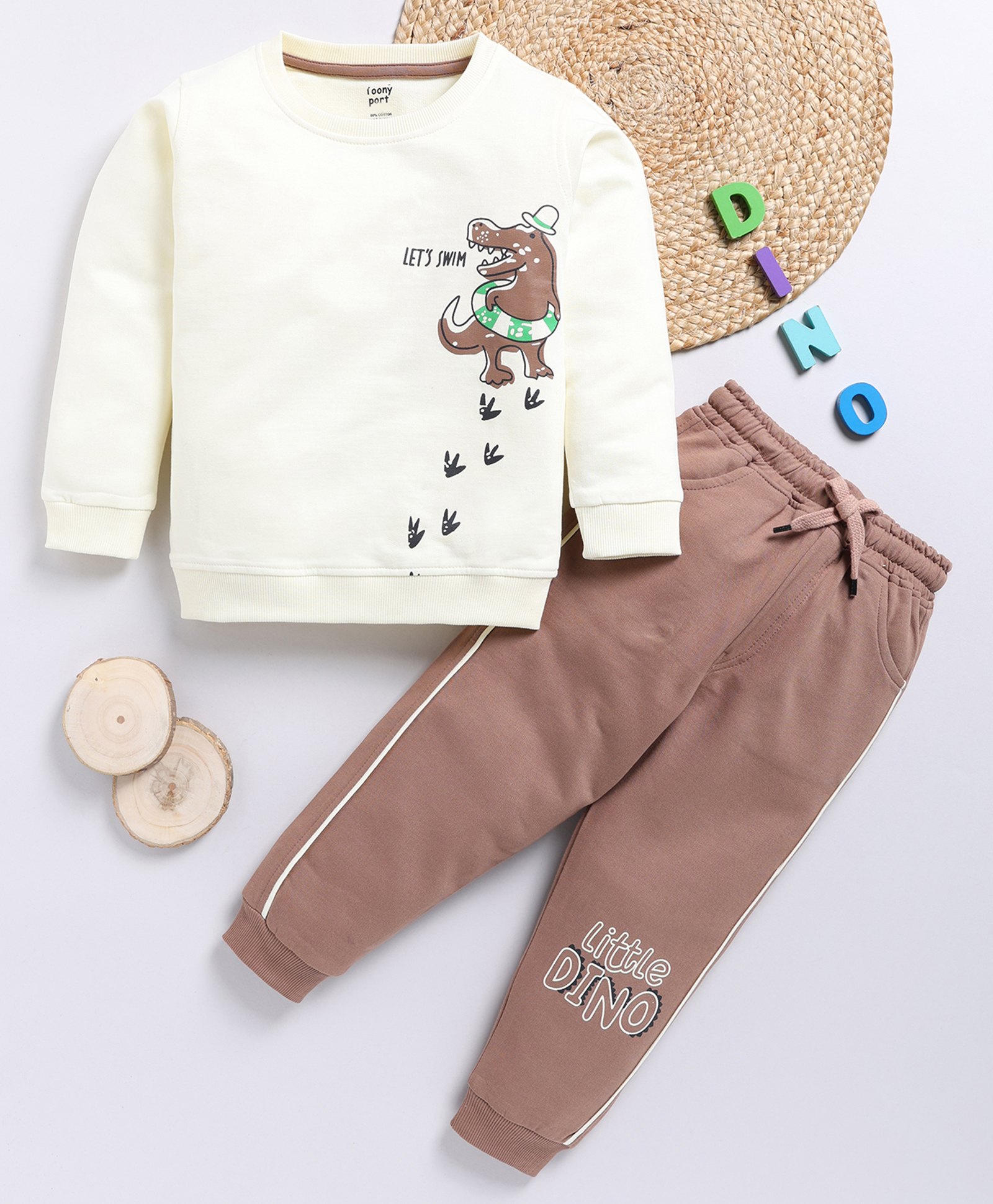 TOONYPORT Cotton Full Sleeves Dinosaur Printed Sweatshirt With Side Taped Joggers Set - Cream-image-29