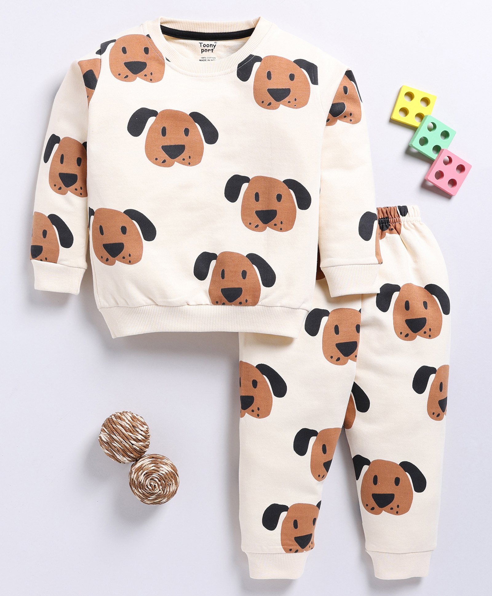 TOONYPORT Cotton Full Sleeves Dog Printed Sweatshirt With Coordinating Joggers Set - Cream-image-23