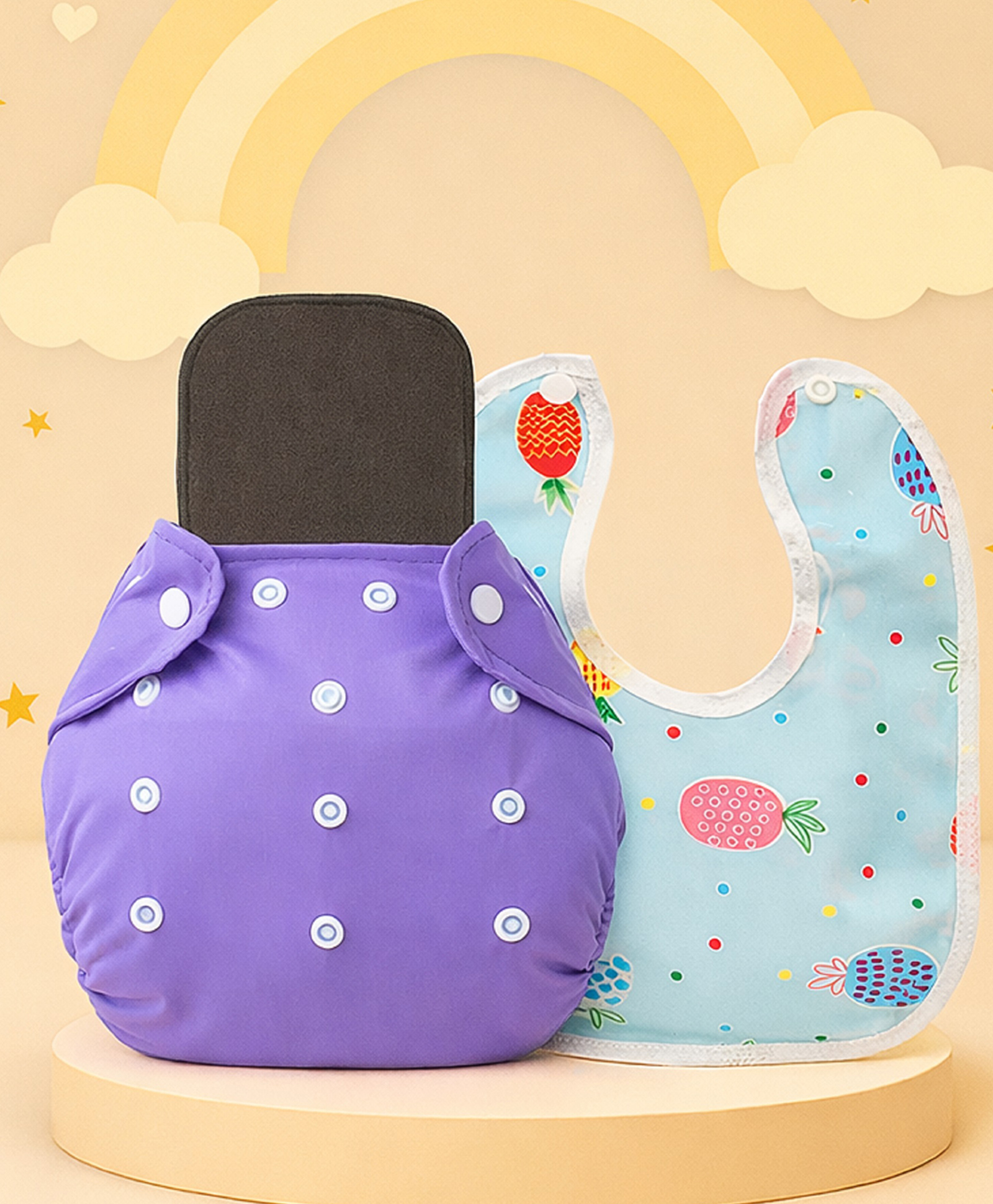 The Cheeky Kidzz Baby Essential Reusable Cotton Cloth Diaper With Bamboo Charcoal Insert With Feeding Bib(PURPLE)-image-7