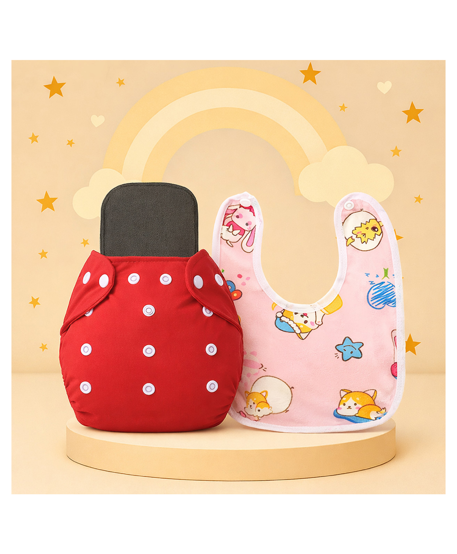 The Cheeky Kidzz Baby Essential Reusable Cotton Cloth Diaper With Bamboo Charcoal Insert With Feeding Bib(RED)-image-9