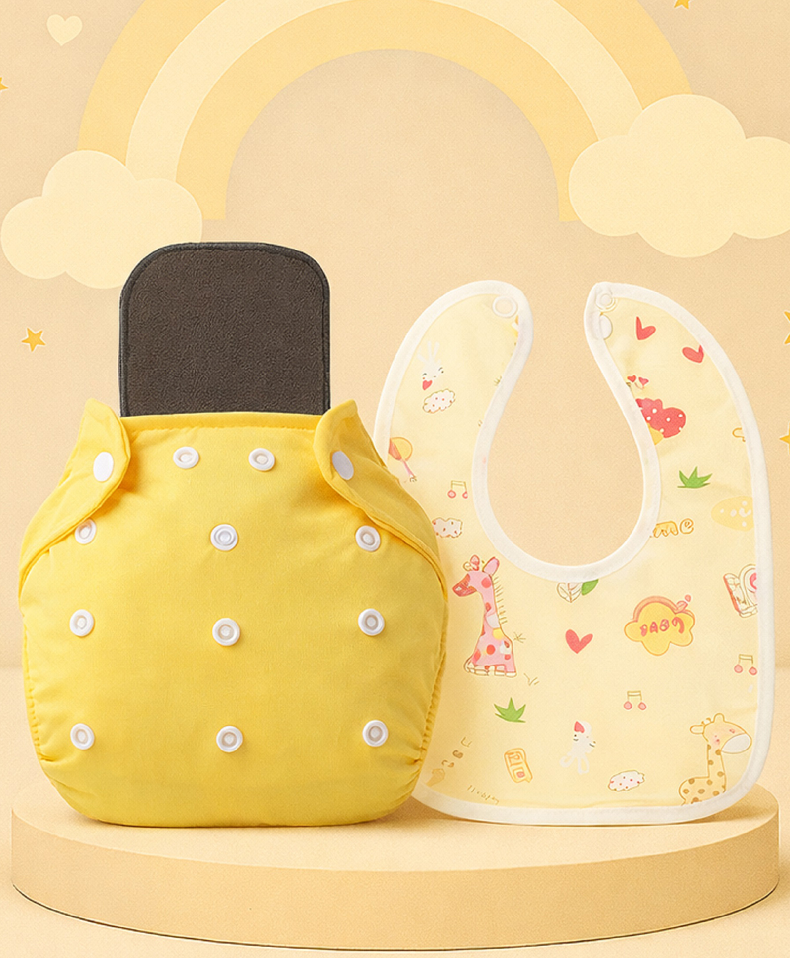 The Cheeky Kidzz Baby Essential Reusable Cotton Cloth Diaper With Bamboo Charcoal Insert With Feeding Bib (YELLOW)-image-8