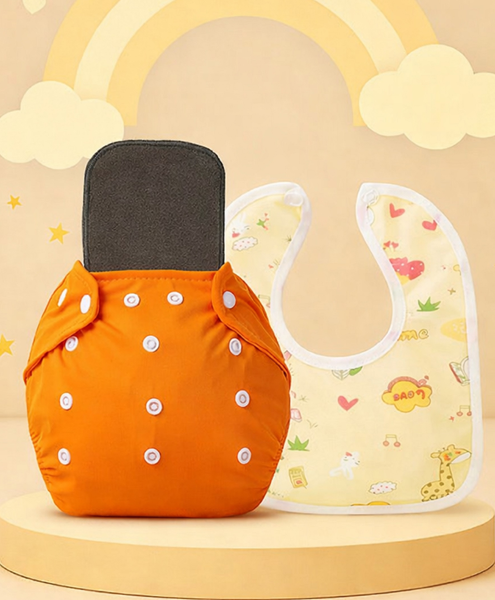 The Cheeky Kidzz Baby Essential Reusable Cotton Cloth Diaper With Bamboo Charcoal Insert With Feeding Bib (Orange)-image-25