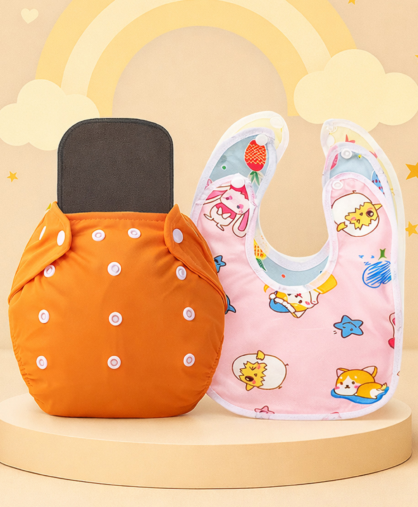 The Cheeky Kidzz Baby Essential Reusable Cotton Cloth Diaper With Bamboo Charcoal Insert With 3 Feeding Bib (Ornge)-image-37