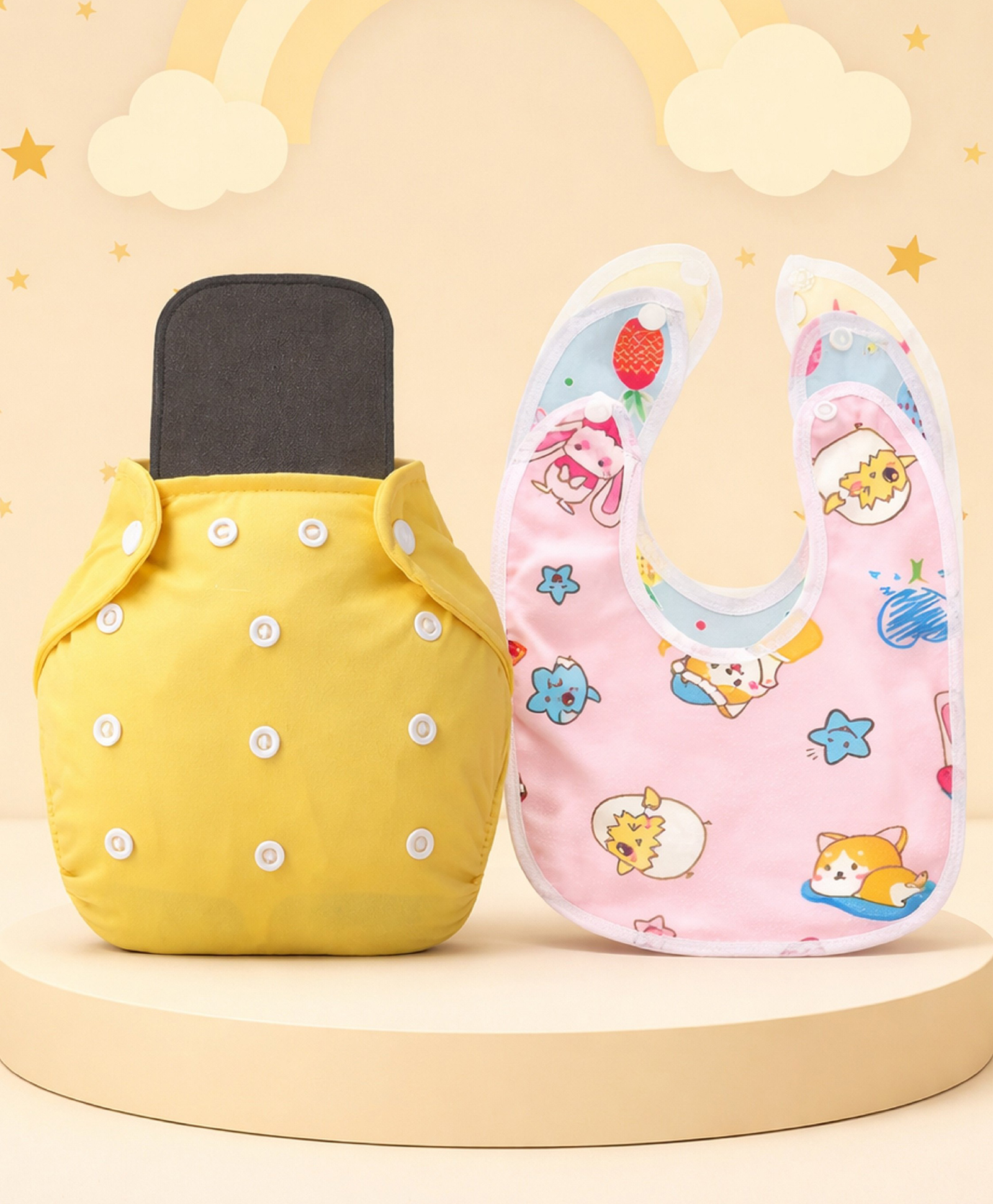 The Cheeky Kidzz Baby Essential Reusable Cotton Cloth Diaper With Bamboo Charcoal Insert With 3 Feeding Bib (Yellow)-image-35