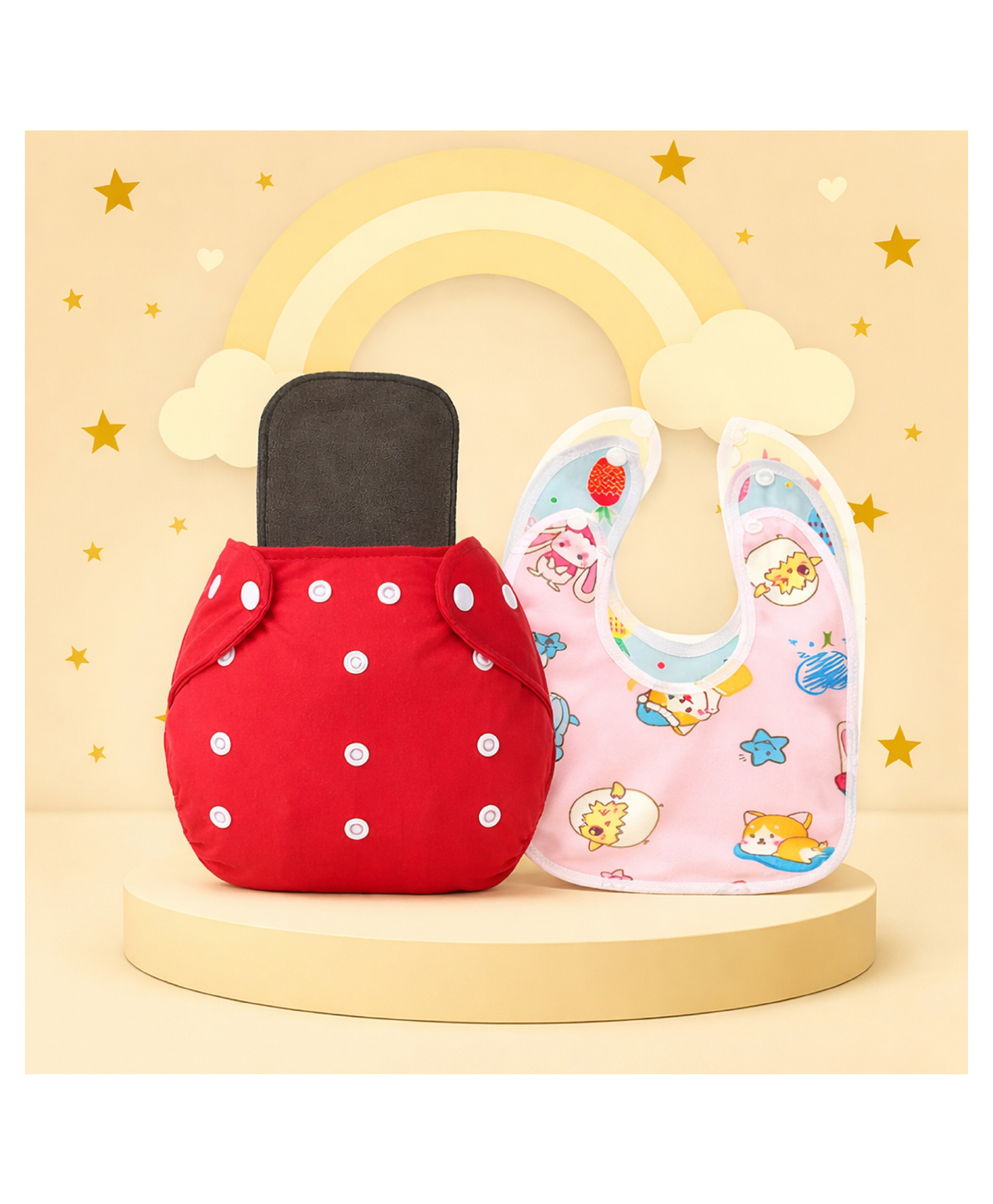 The Cheeky Kidzz Baby Essential Reusable Cotton Cloth Diaper With Bamboo Charcoal Insert With 3 Feeding Bib (RED)-image-13