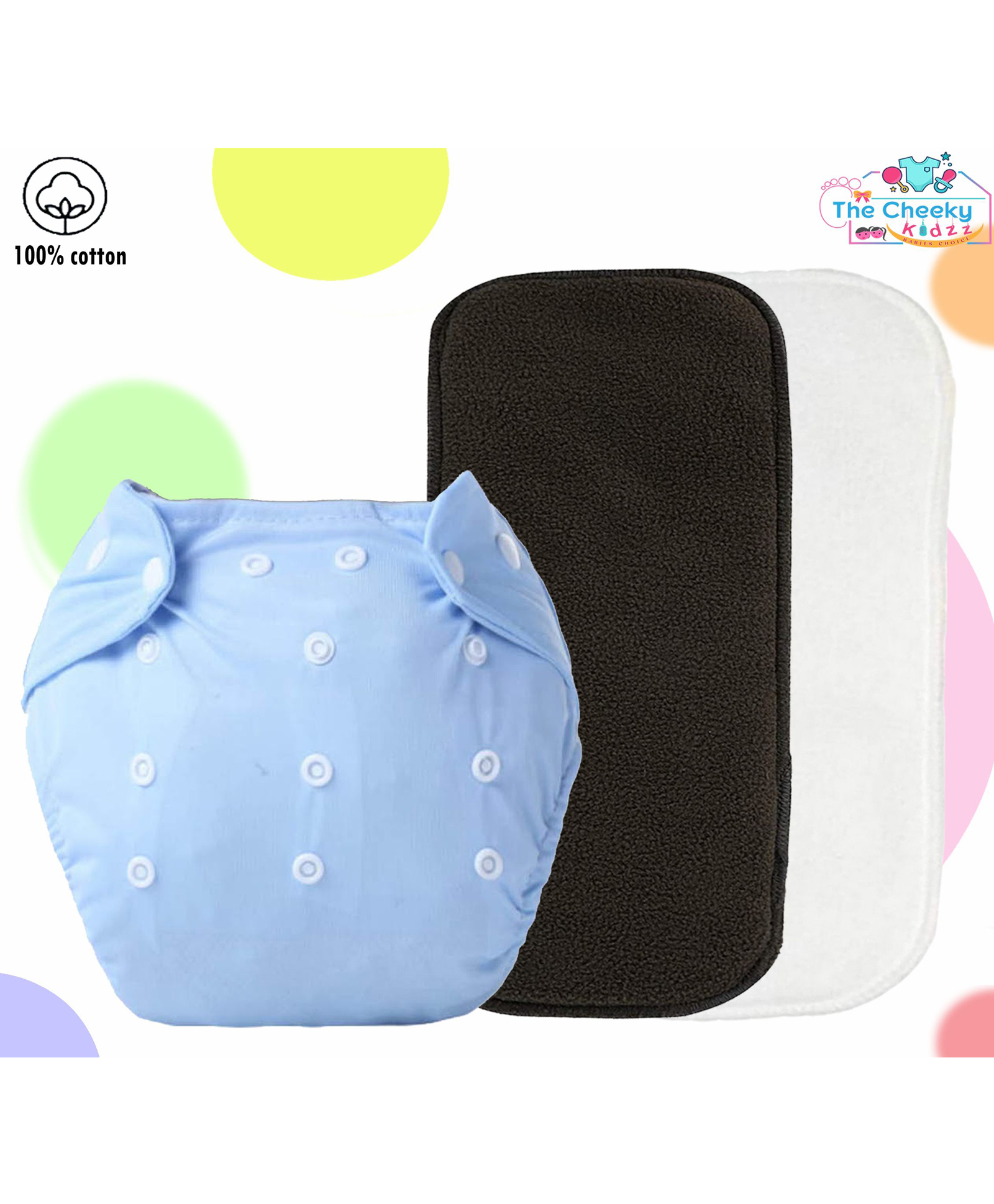 The Cheeky Kidzz Baby Reusable Cloth Diaper Adjustable Diaper Nappies & 2 Bamboo Microfiber Inserts (Blue)-image-44
