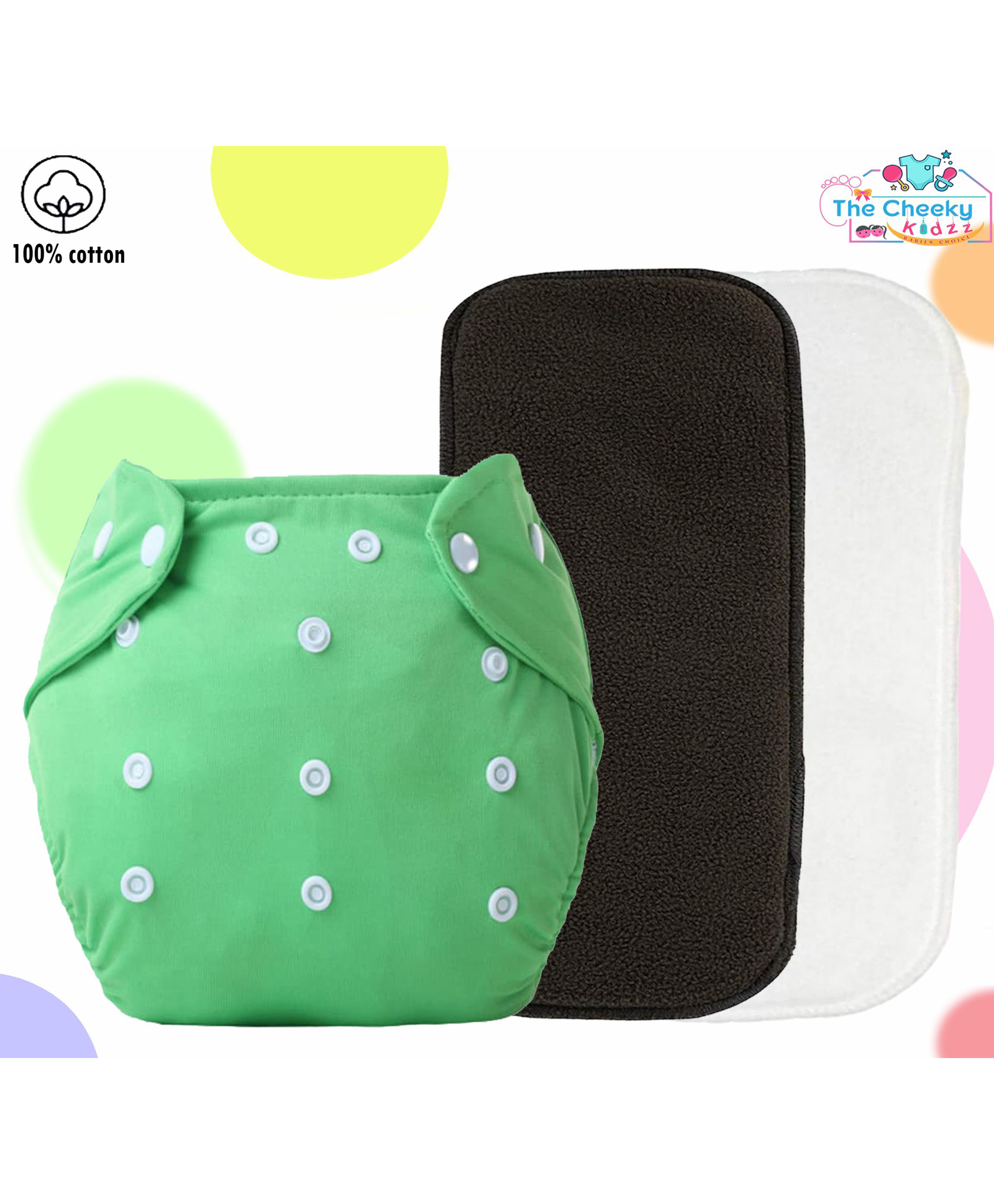 The Cheeky Kidzz Baby Reusable Cloth Diaper Adjustable Diaper Nappies & 2 Bamboo Microfiber Inserts (Green)-image-33