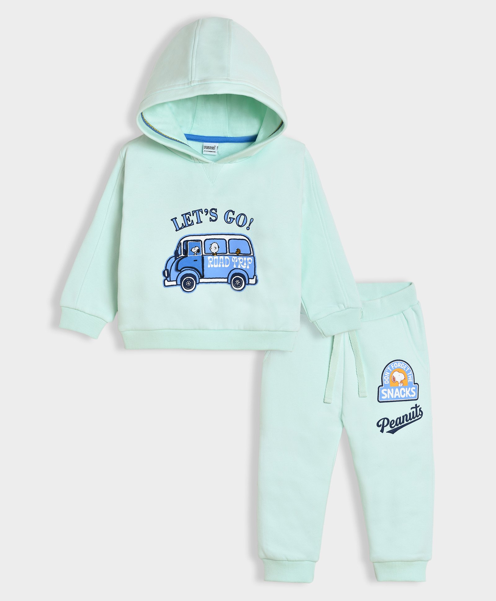 Mi Arcus Peanuts Featuring Full Sleeves Snoopy Printed & Embroidered Hooded Sweatshirt & Joggers Set - Mint Green-picture-26