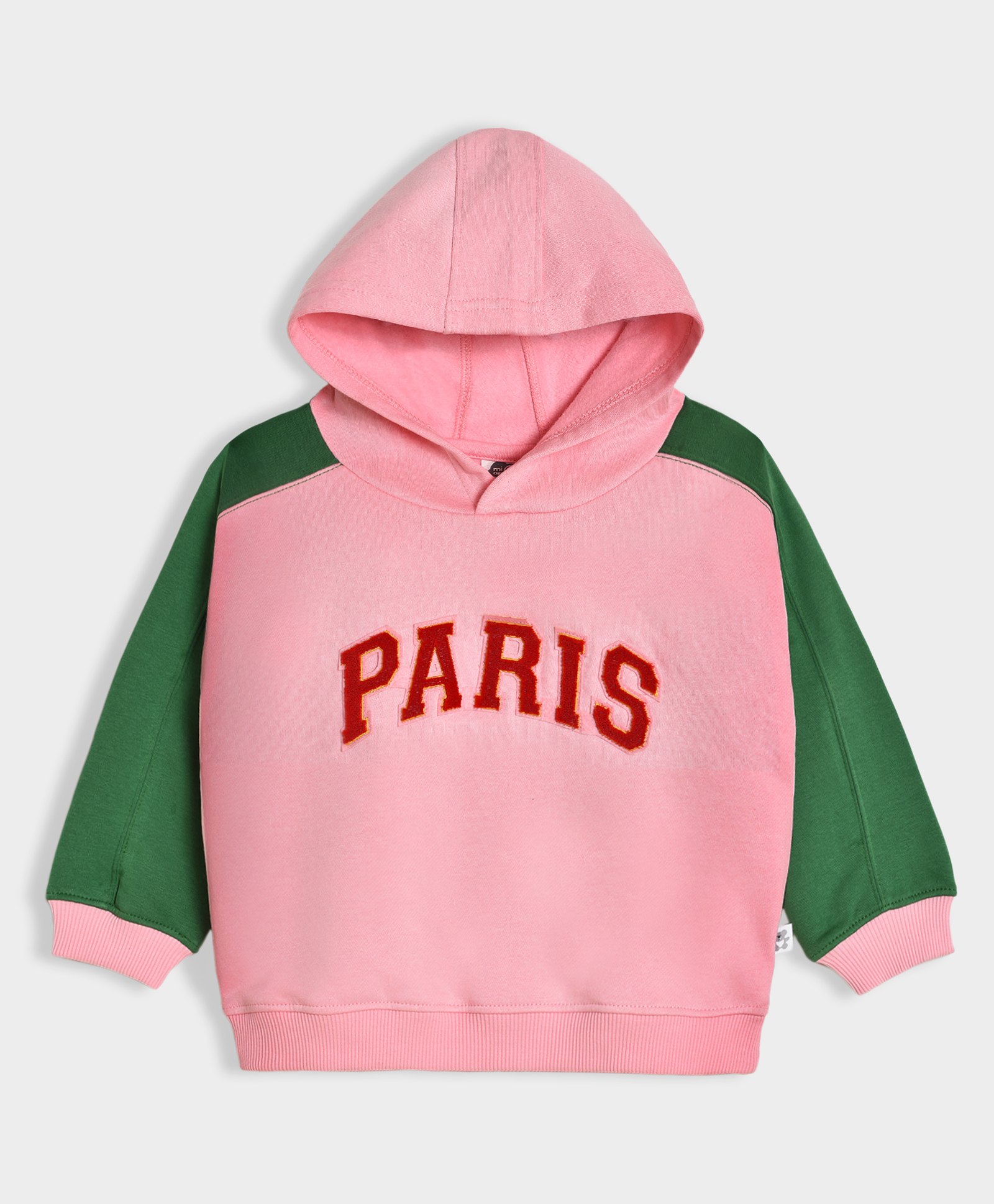 Mi Arcus Full Sleeves Paris Text Patch Work Embroidered Sweatshirt - Pink & Green-image-9