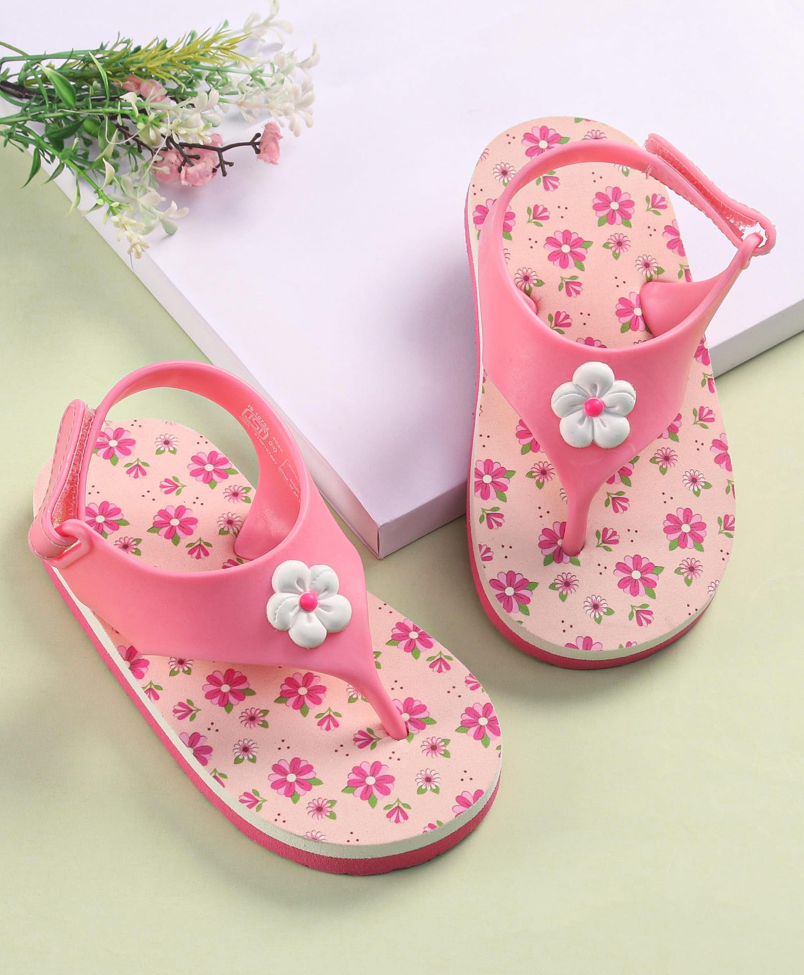 Babyoye Flip Flops with Velcro Closure & Floral Print - Pink