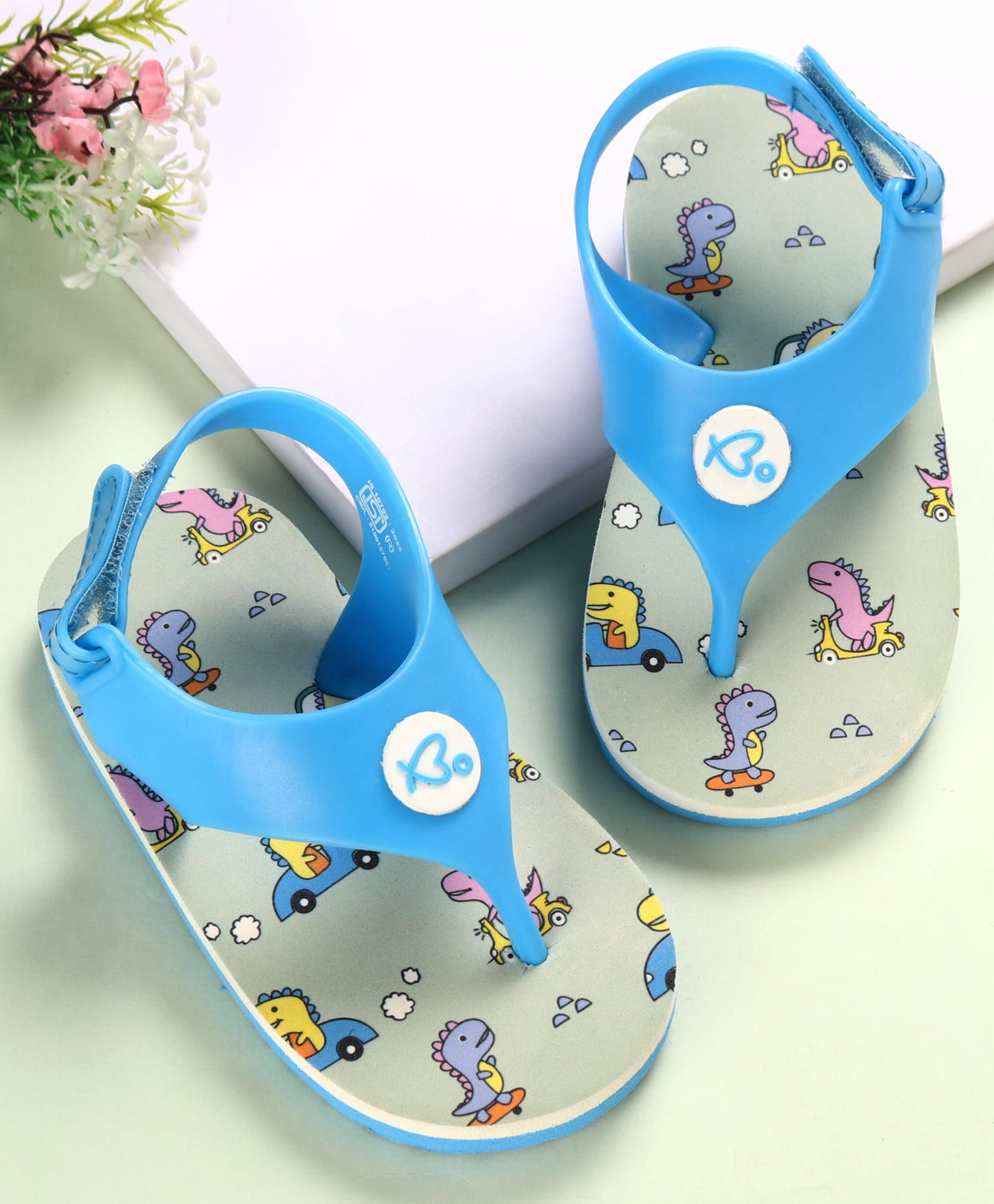 Babyoye Velcro Closer Flip Flops with Backstrap & Dino Print - Sea Green