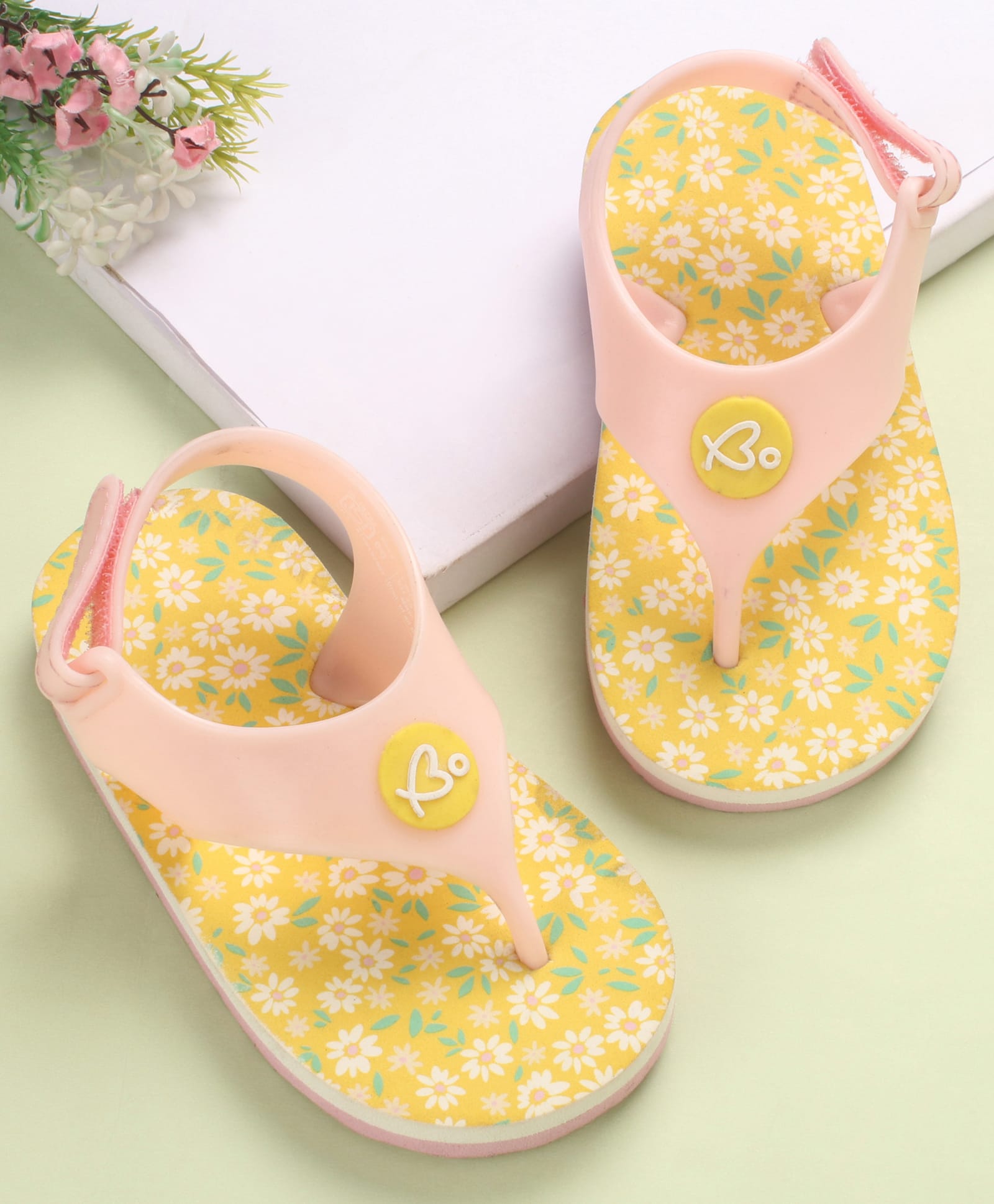 Babyoye Velcro Closure Flip Flops with Floral Print - Yellow