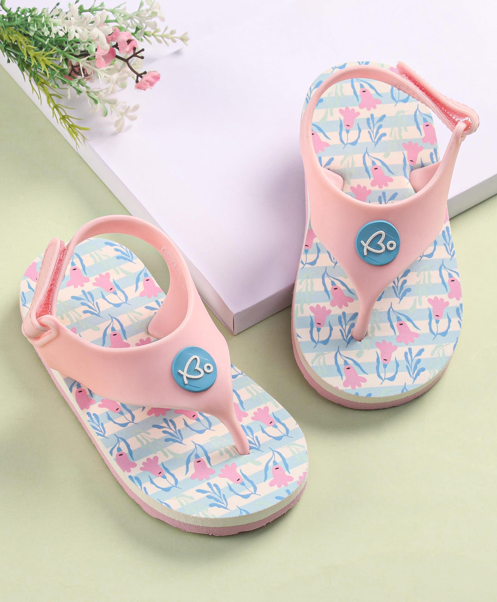 Babyoye Velcro Closure Flip Flops with Floral Print - Baby Pink-picture-12