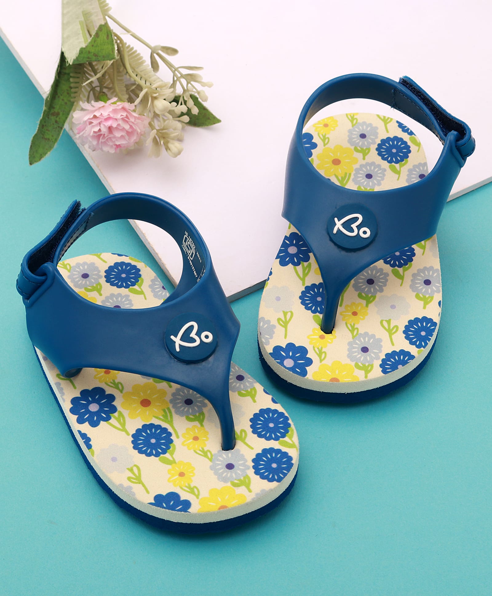 Babyoye Velcro Closure Flip Flops With Floral Print - Blue & Yellow