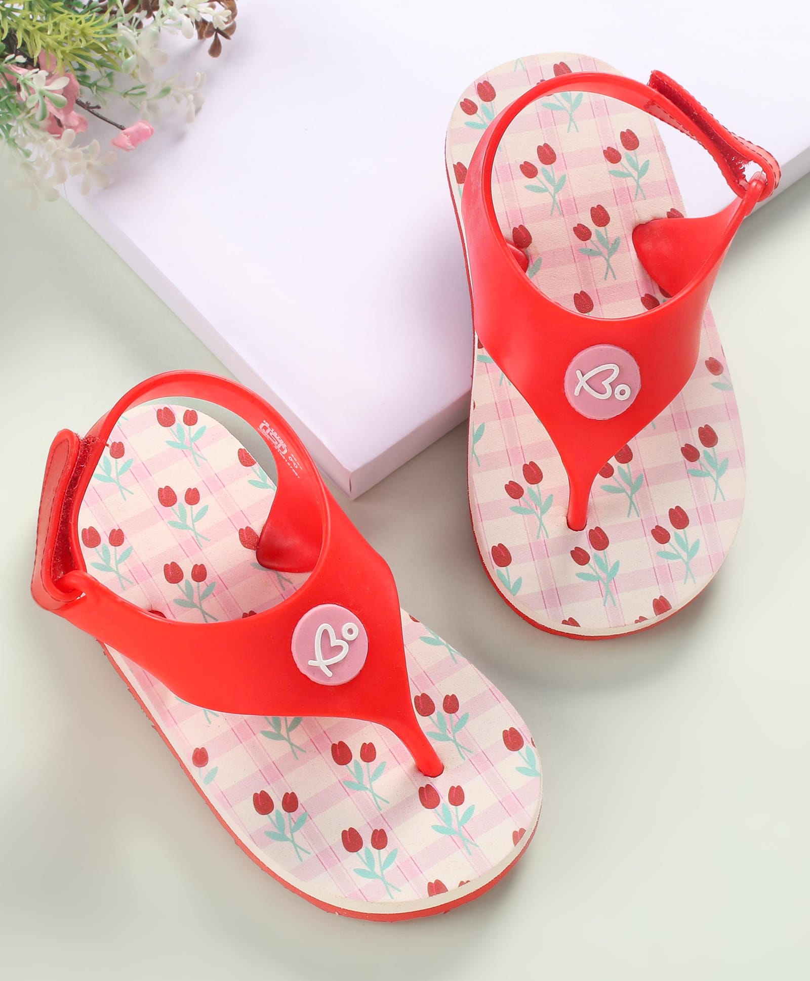 Babyoye Flip Flops with Velcro Closure & Floral Print - Red-picture-28