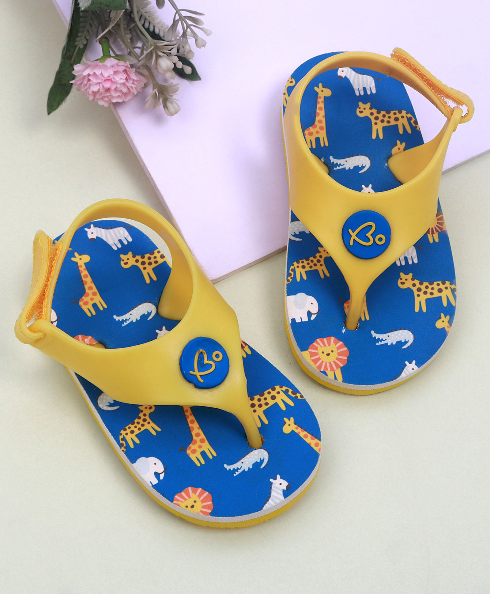 Babyoye Flip Flops with Velcro Closure & Animal Print - Blue & Yellow-picture-20