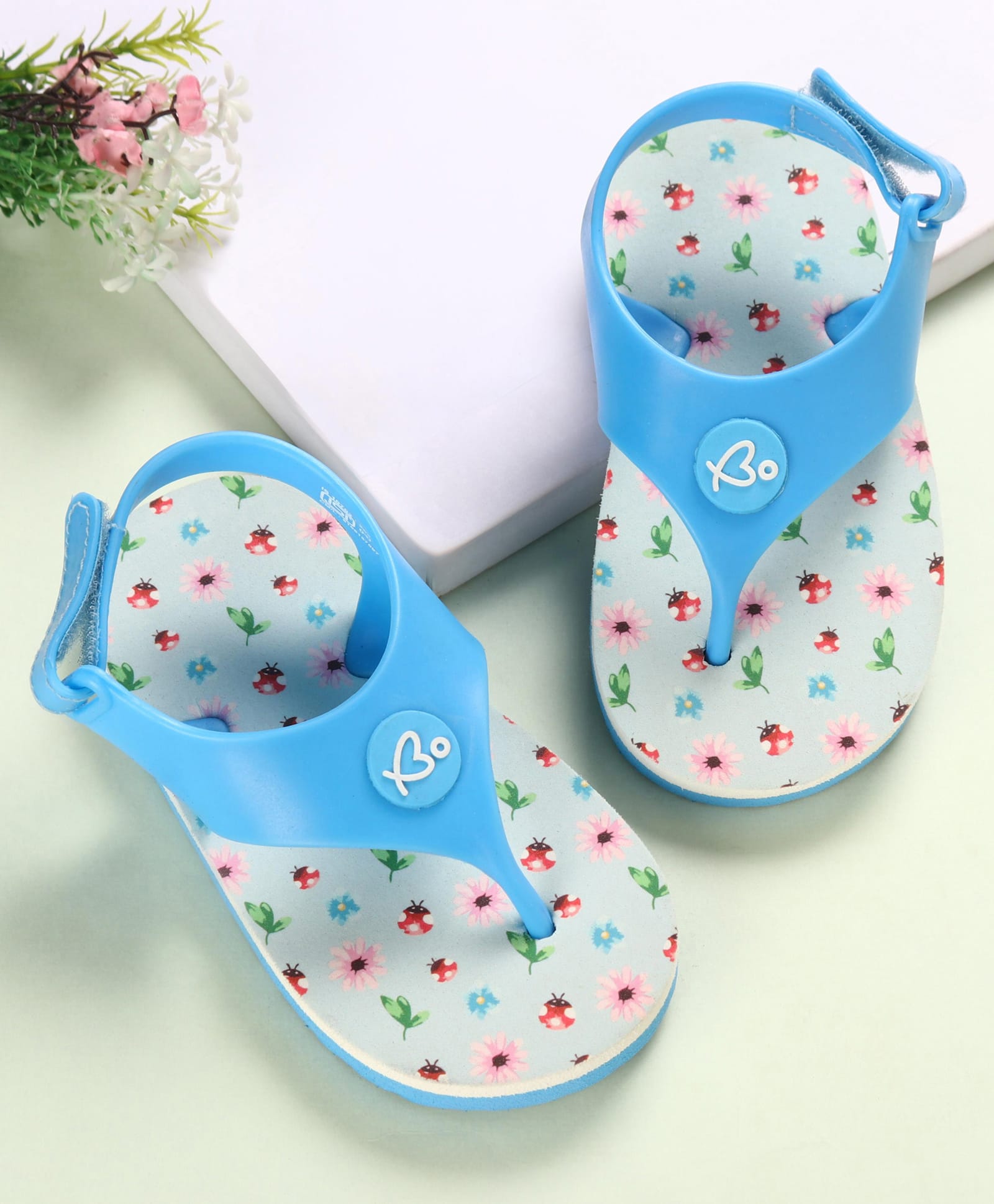Babyoye Velcro Closer Flip Flops with Backstrap & Floral Print - Light Blue-image-5