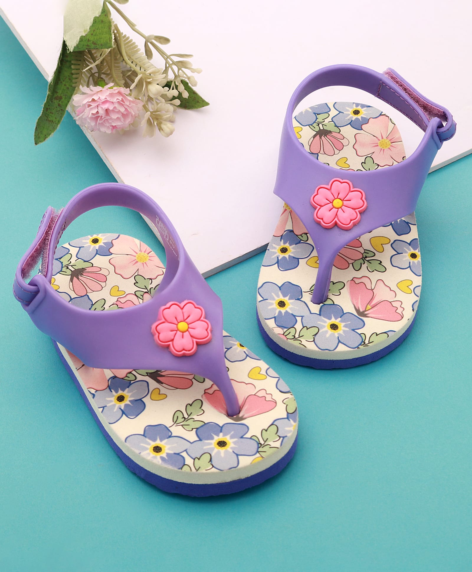 Babyoye Velcro Closure Flip Flops With Floral Applique - Purple & Pink-image-36